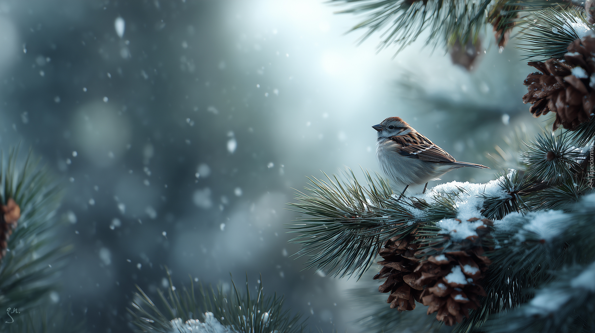 Wróbel, Sosna, Szyszki, Grafika AI