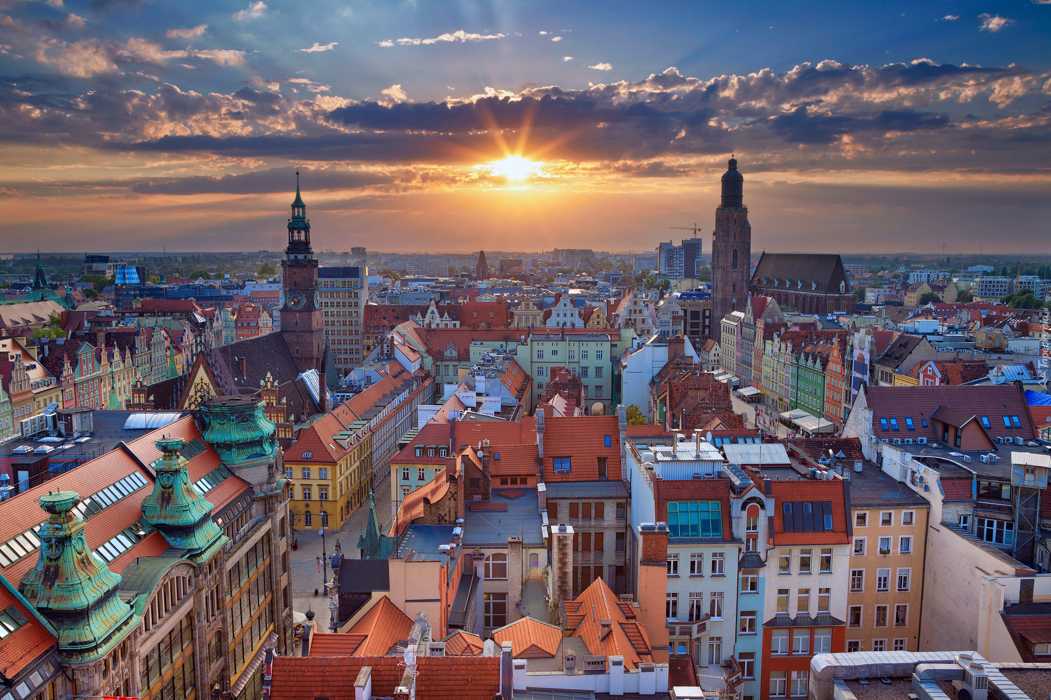 Polska, Wrocław, Panorama miasta, Zachód słońca