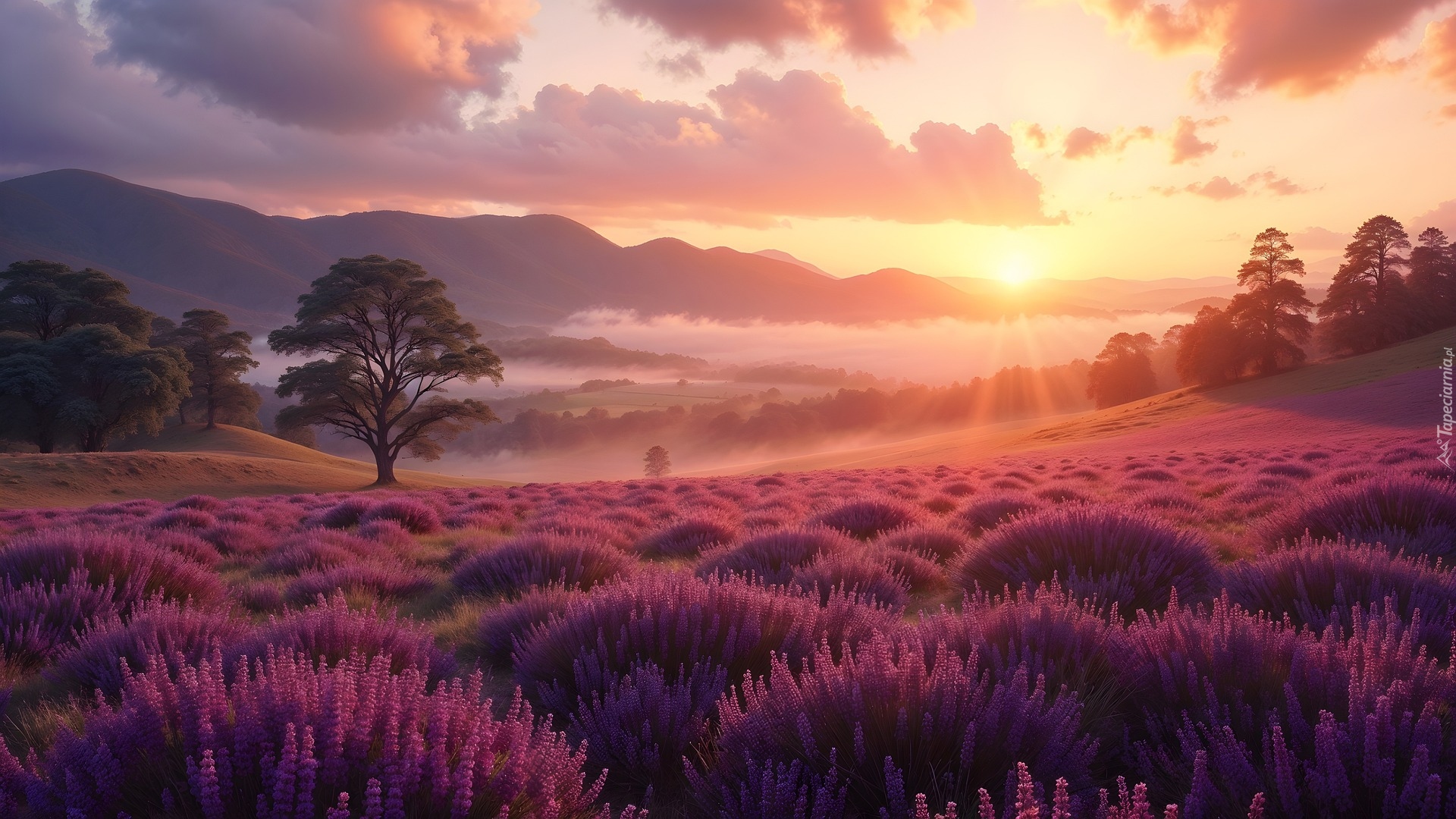 Wrzosowisko, Drzewa, Mgła, AI