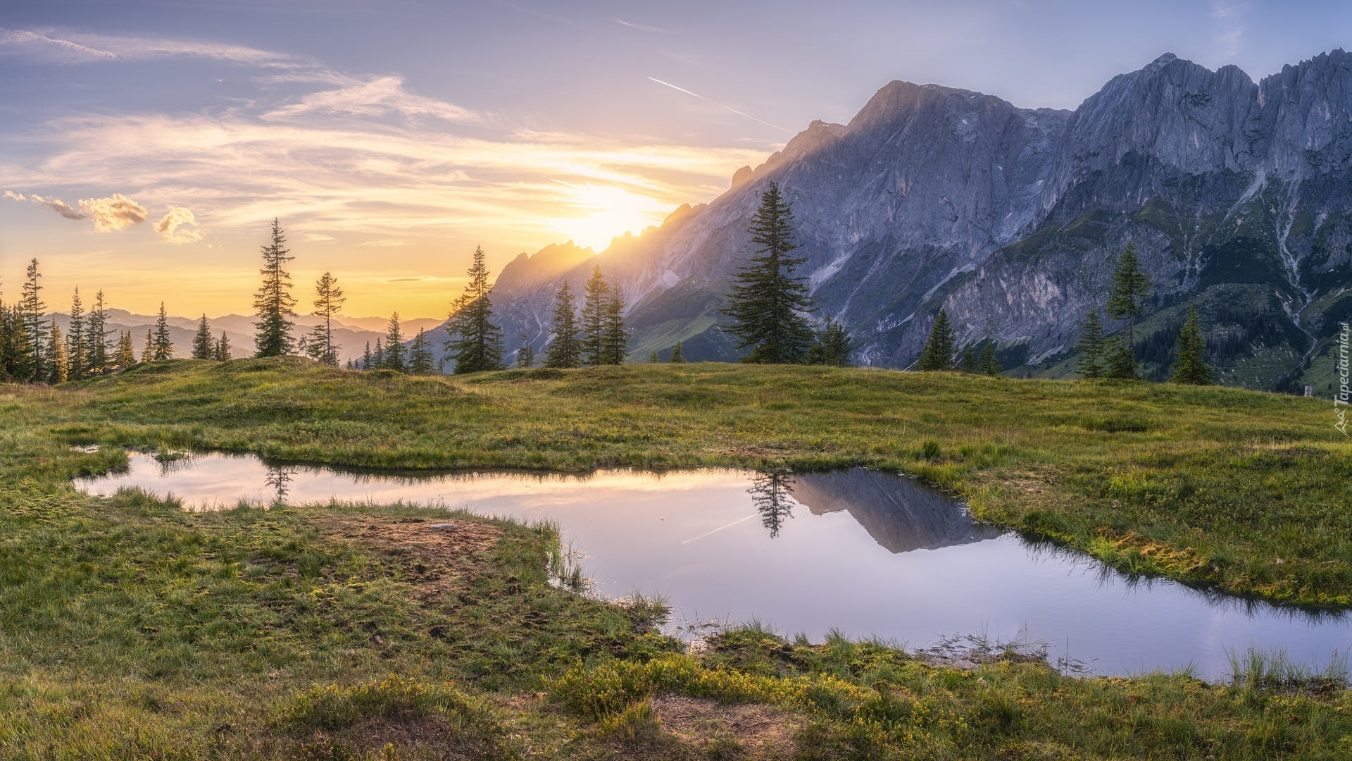 Góry, Alpy, Kałuża, Drzewa, Wschód słońca, Austria