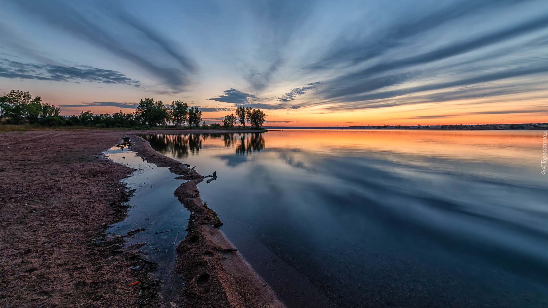 Jezioro, Chatfield Lake, Brzeg, Drzewa, Wschód słońca, Kolorado, Stany Zjednoczone