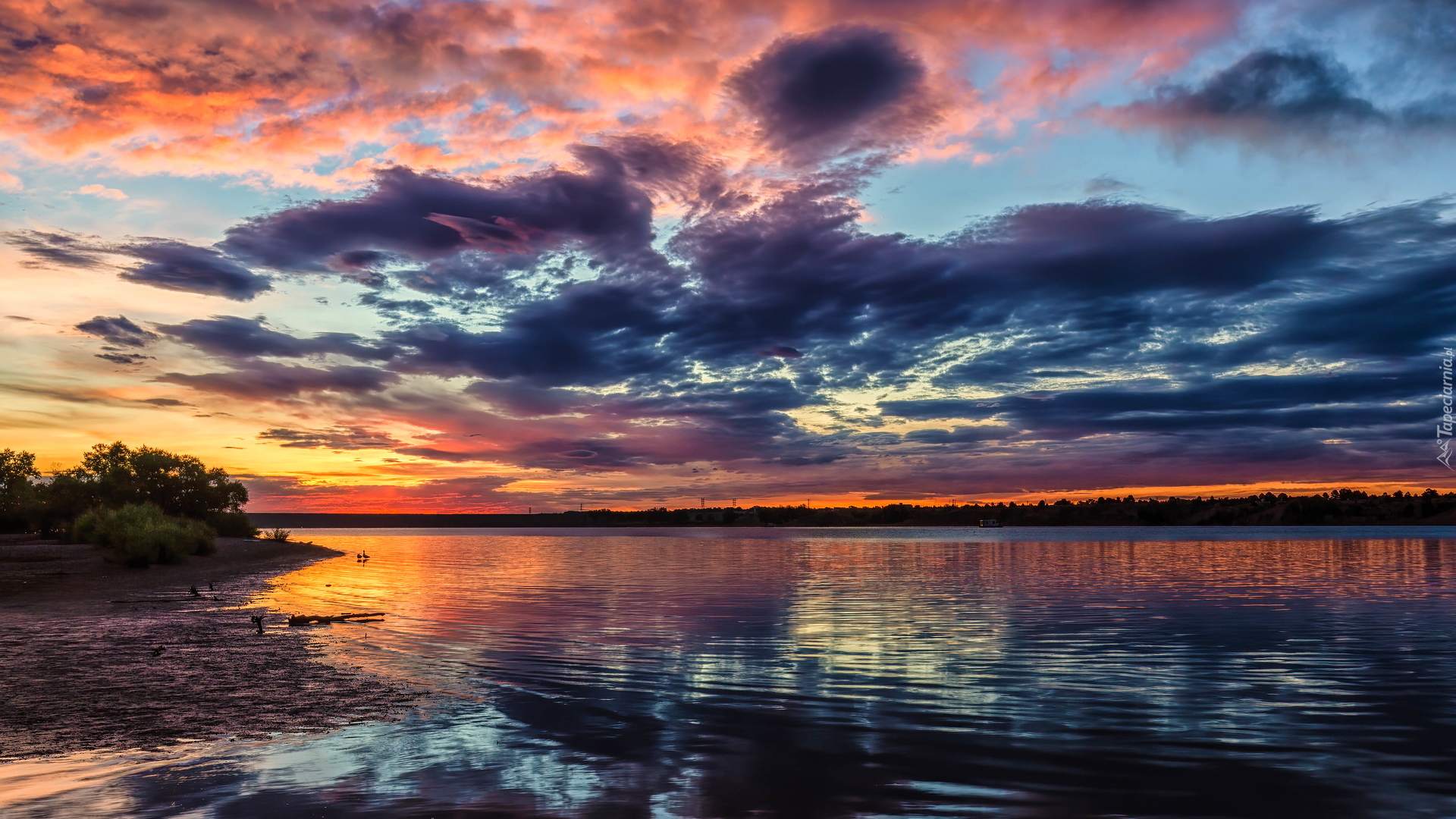 Jezioro, Chatfield Lake, Chmury, Wschód słońca, Kolorado, Stany Zjednoczone