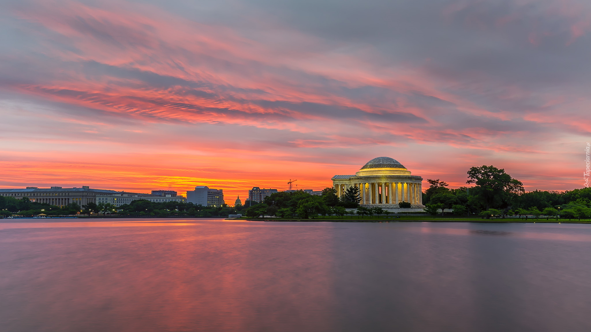 Panteon, Pomnik Jeffersona, Jefferson Memorial, Wschód słońca, Jezioro, Zbiornik Tidal Basin, Waszyngton, Stany Zjednoczone