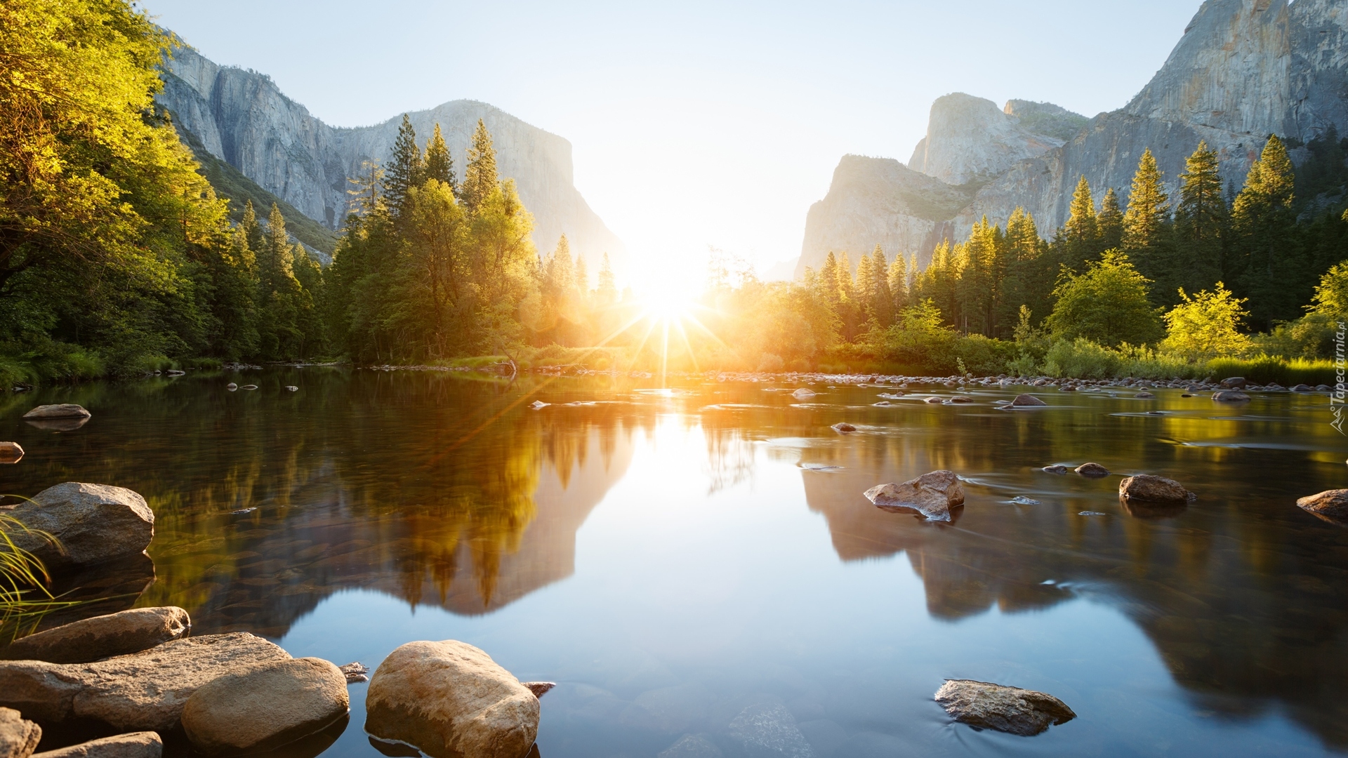 Park Narodowy Yosemite, Góry, Rzeka Merced, Kamienie, Wschód słońca, Drzewa, Kalifornia, Stany Zjednoczone