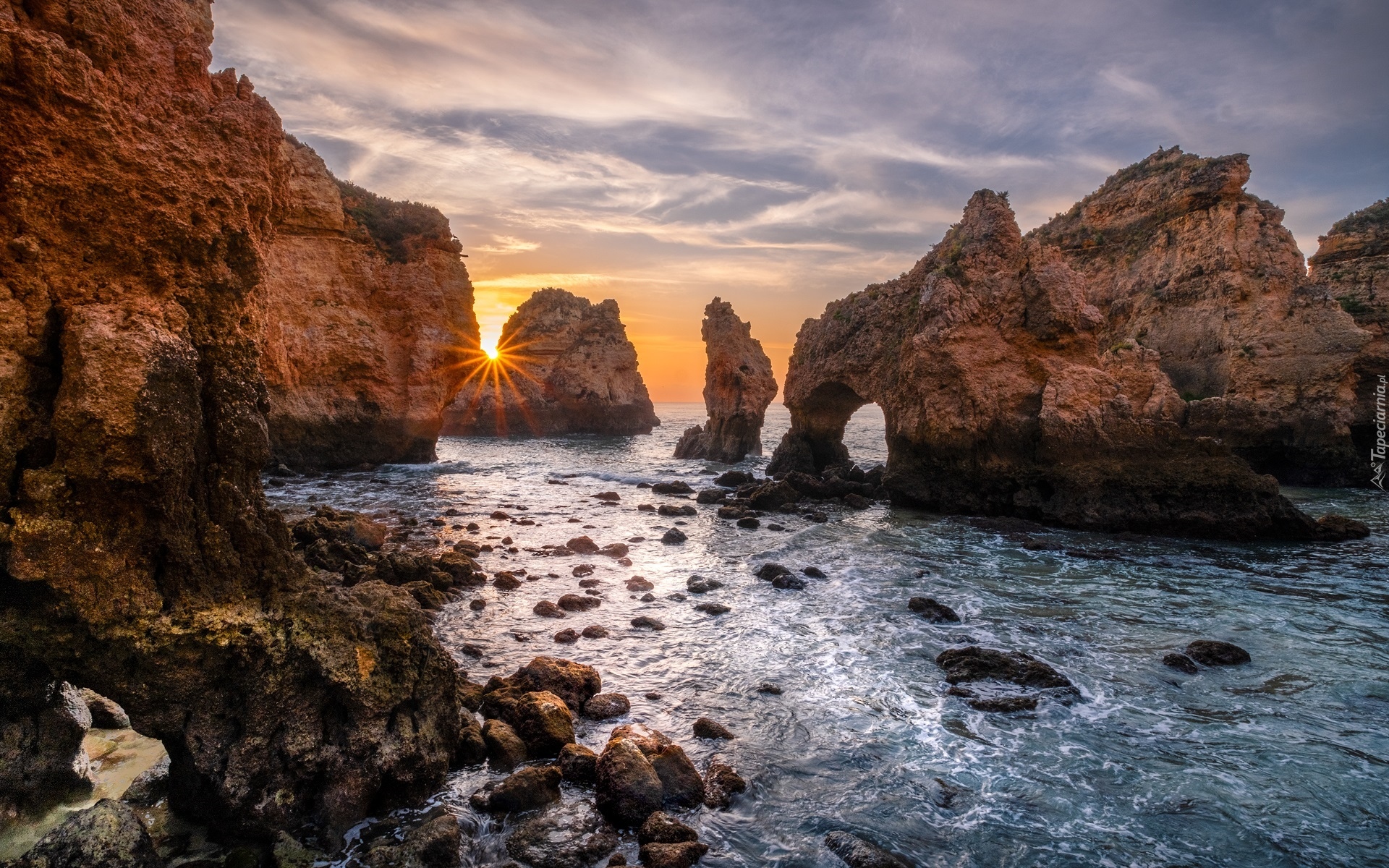 Wybrzeże, Skały, Morze, Wschód słońca, Ponta da Piedade, Region Algarve, Portugalia