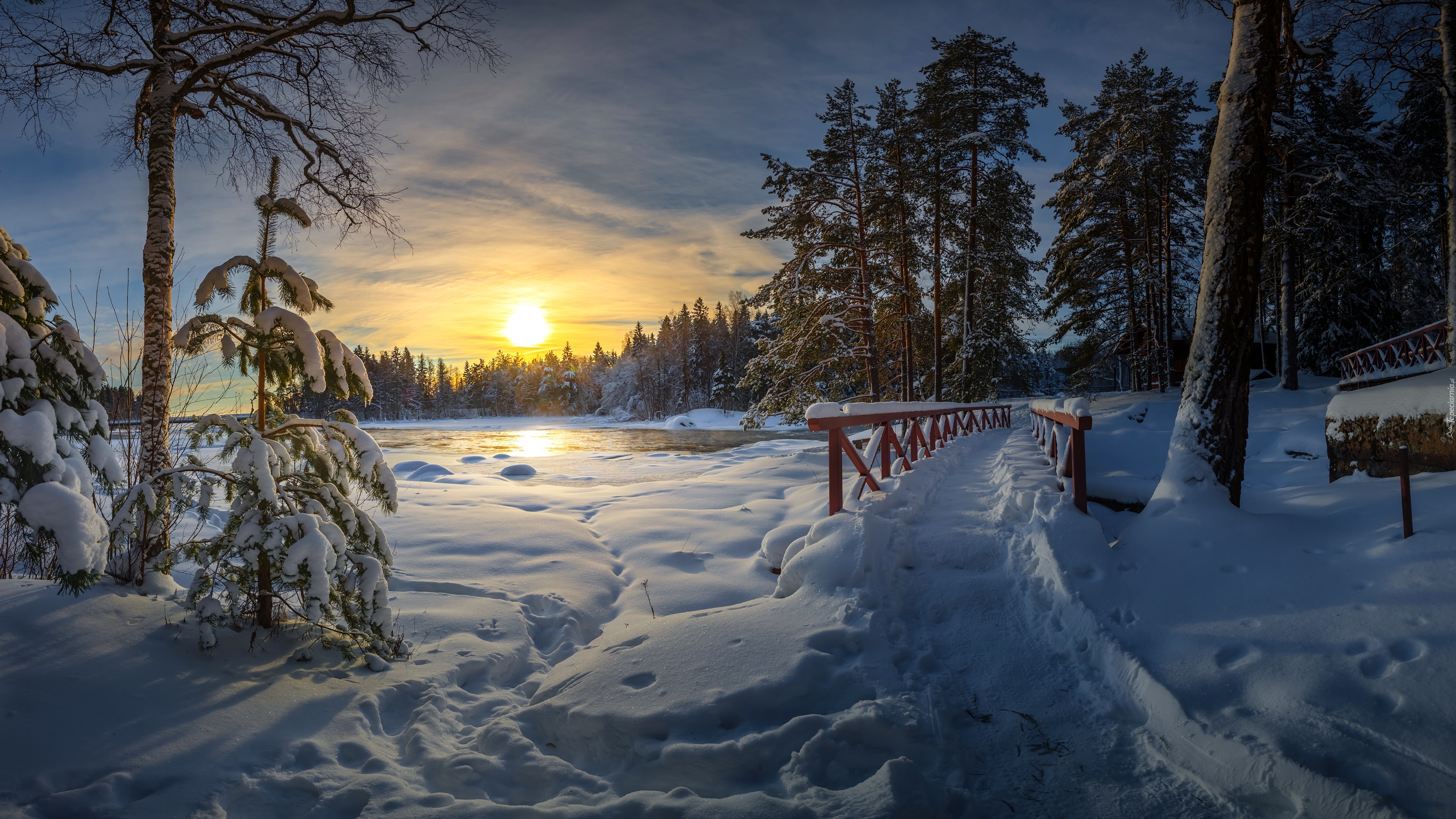 Zima, Las, Drzewa, Rzeka Langinkoski, Mostek, Wschód słońca, Kotka, Finlandia