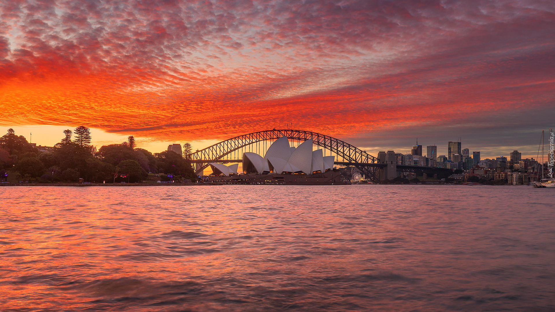 Wschód słońca, Zatoka Port Jackson, Sydney Opera House, Most Sydney Harbour, Sydney, Australia