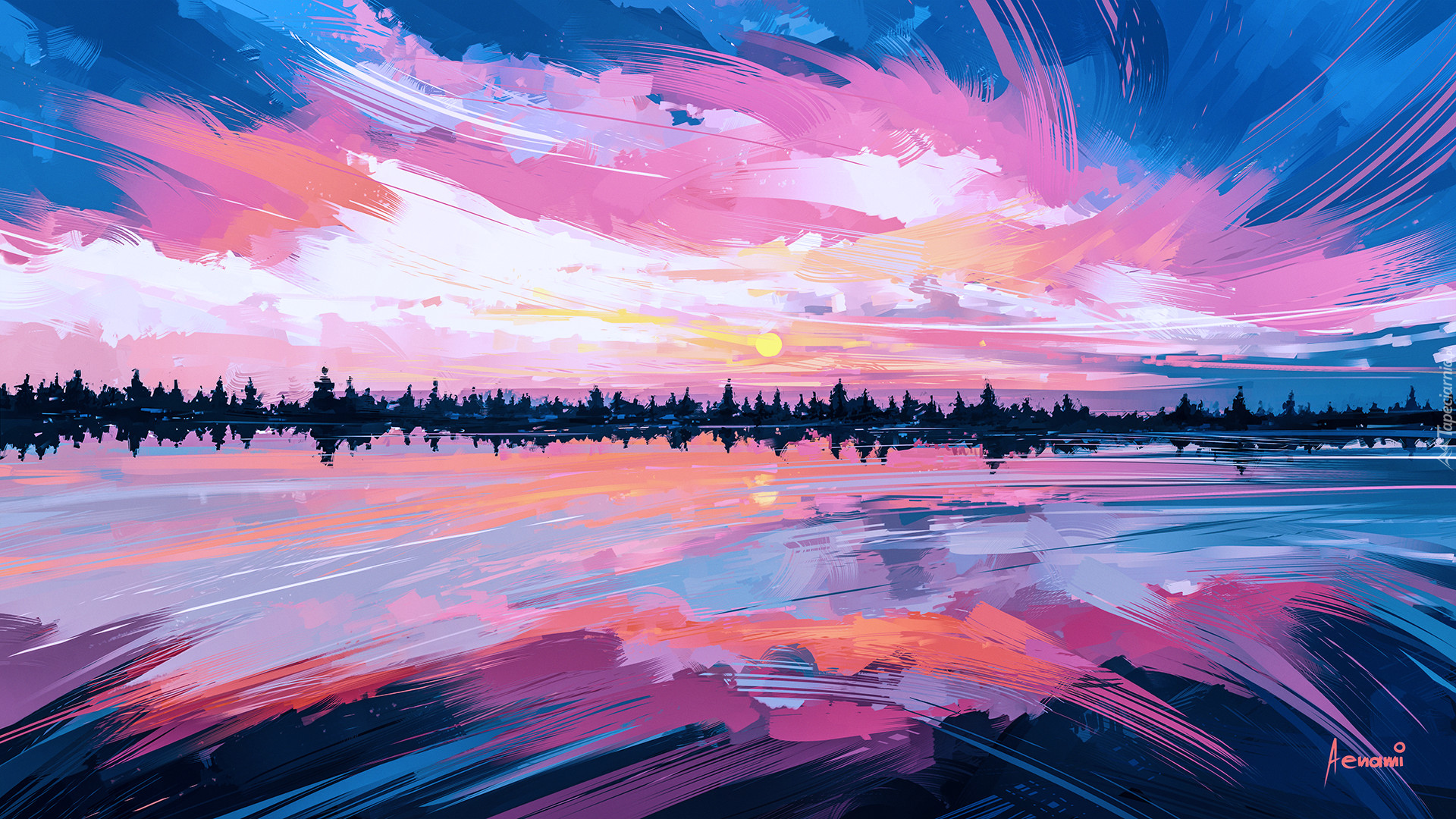 Wschód słońca, Jezioro, Drzewa, Paintography