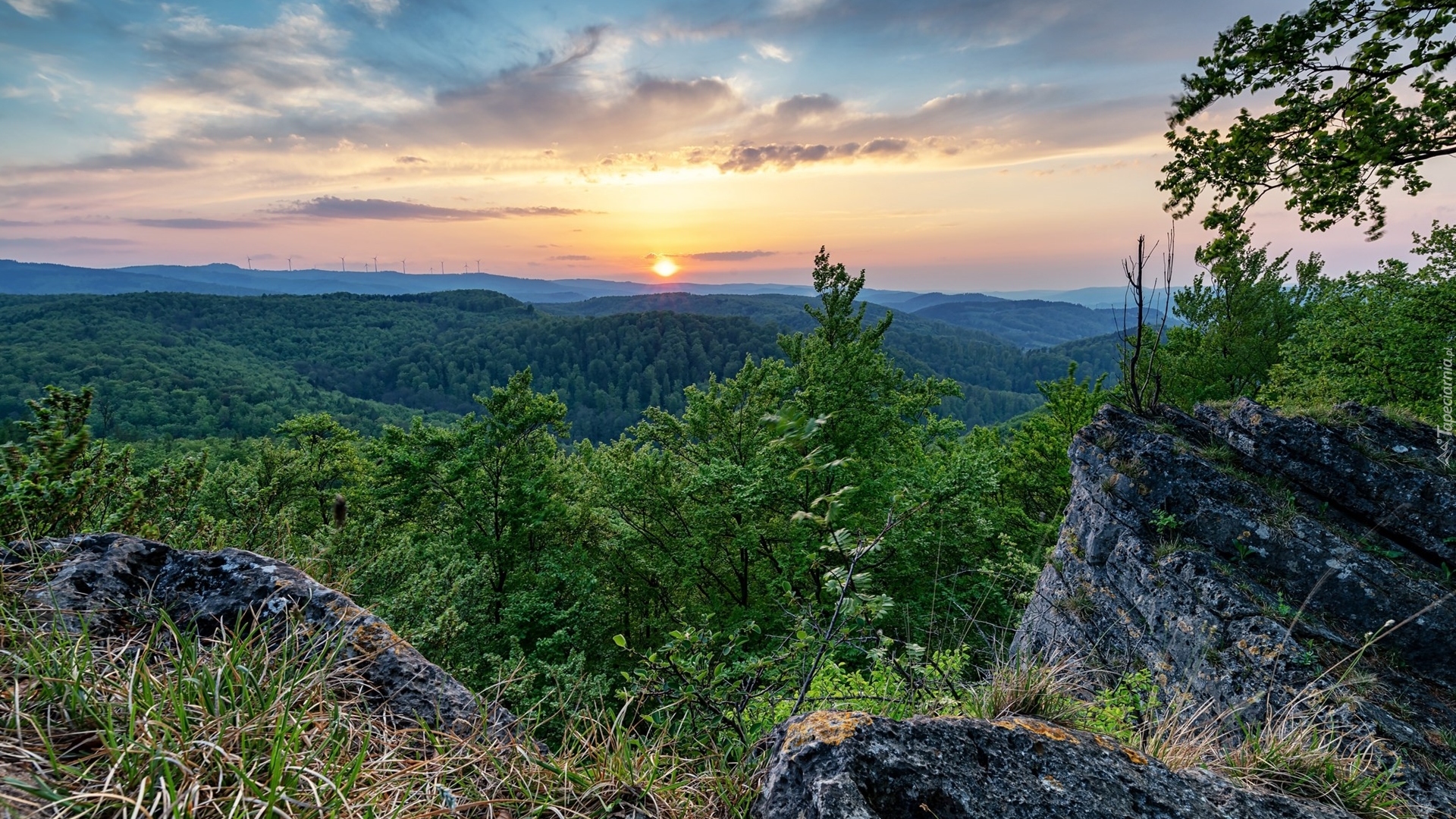 Zalesione, Wzgórza, Las, Skały, Wschód słońca, Chmury