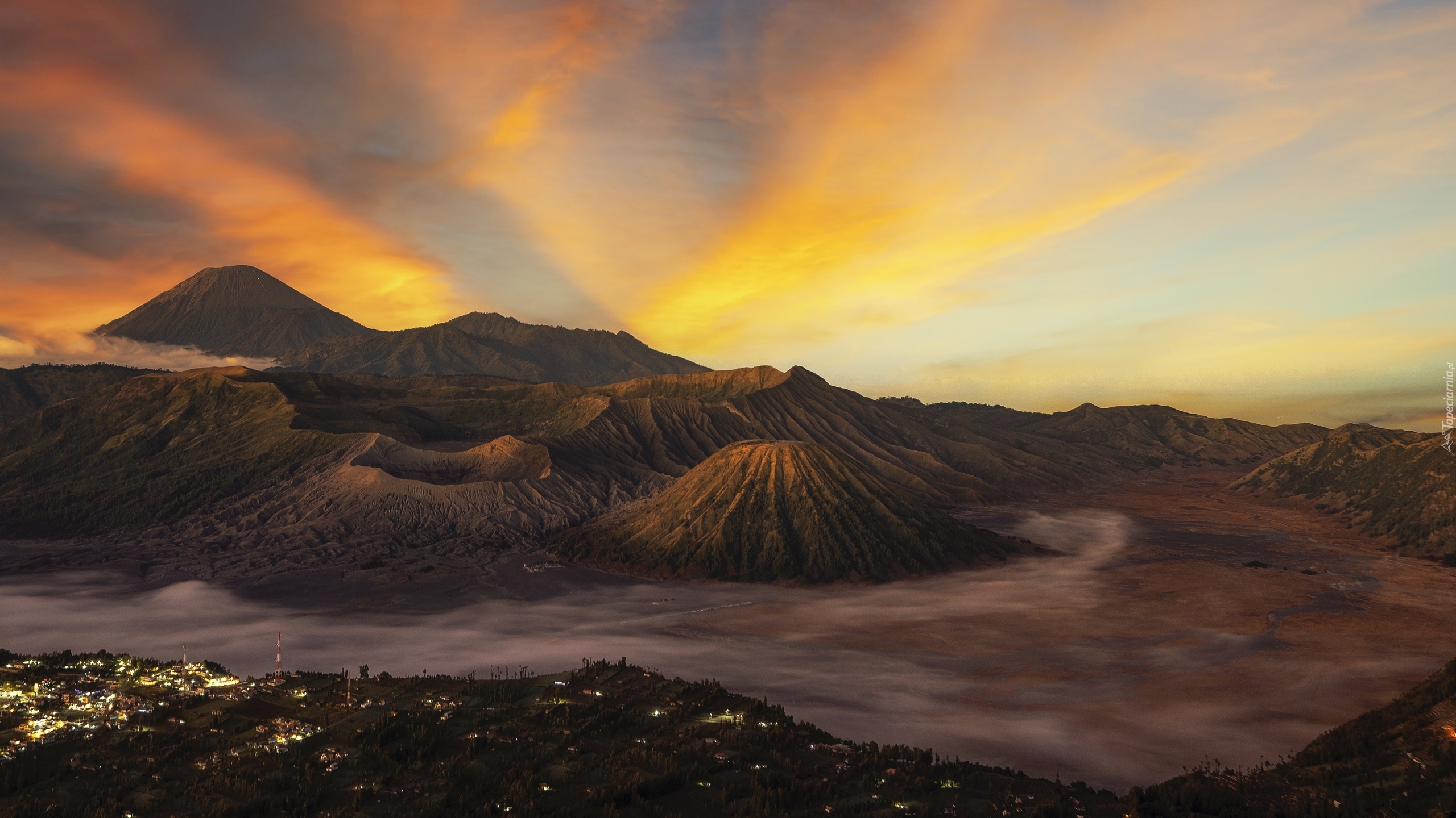 Góry, Wulkan, Mount Bromo, Wyspa Jawa, Indonezja, Zachód słońca