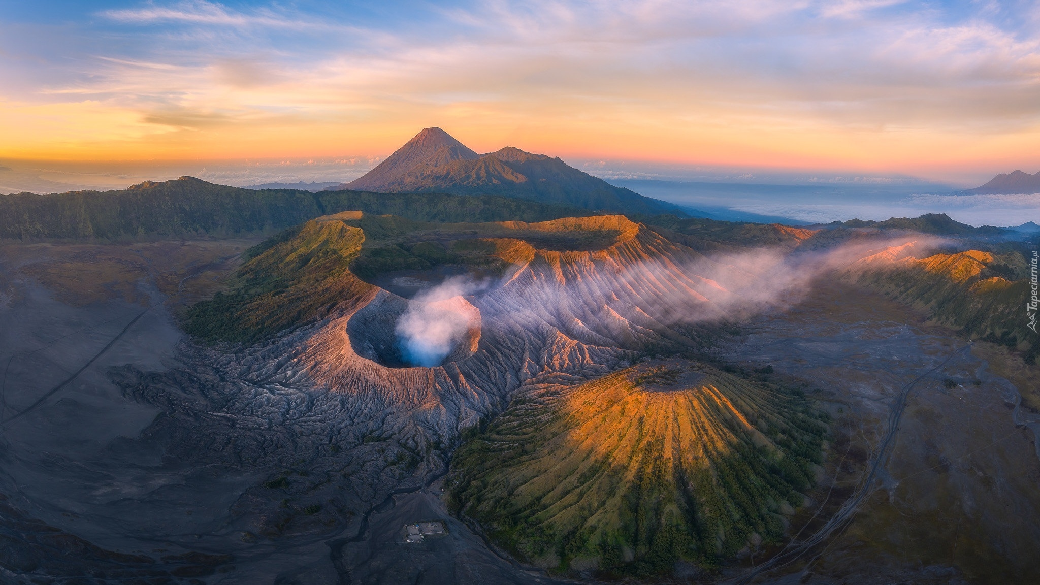 Indonezja, Jawa, Wulkany, Mount Bromo, Mount Semuru, Wschód słońca, Dym