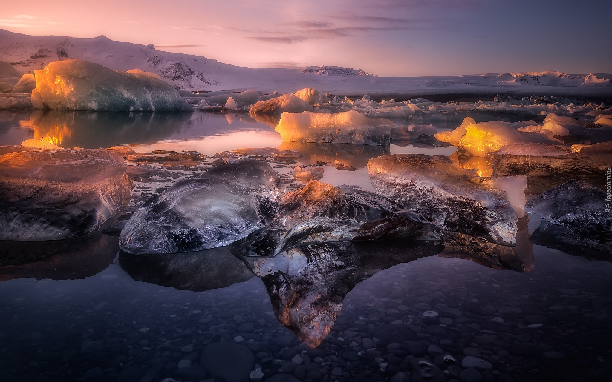 Islandia, Zima, Jezioro, Bryły, Lód, Wzgórza