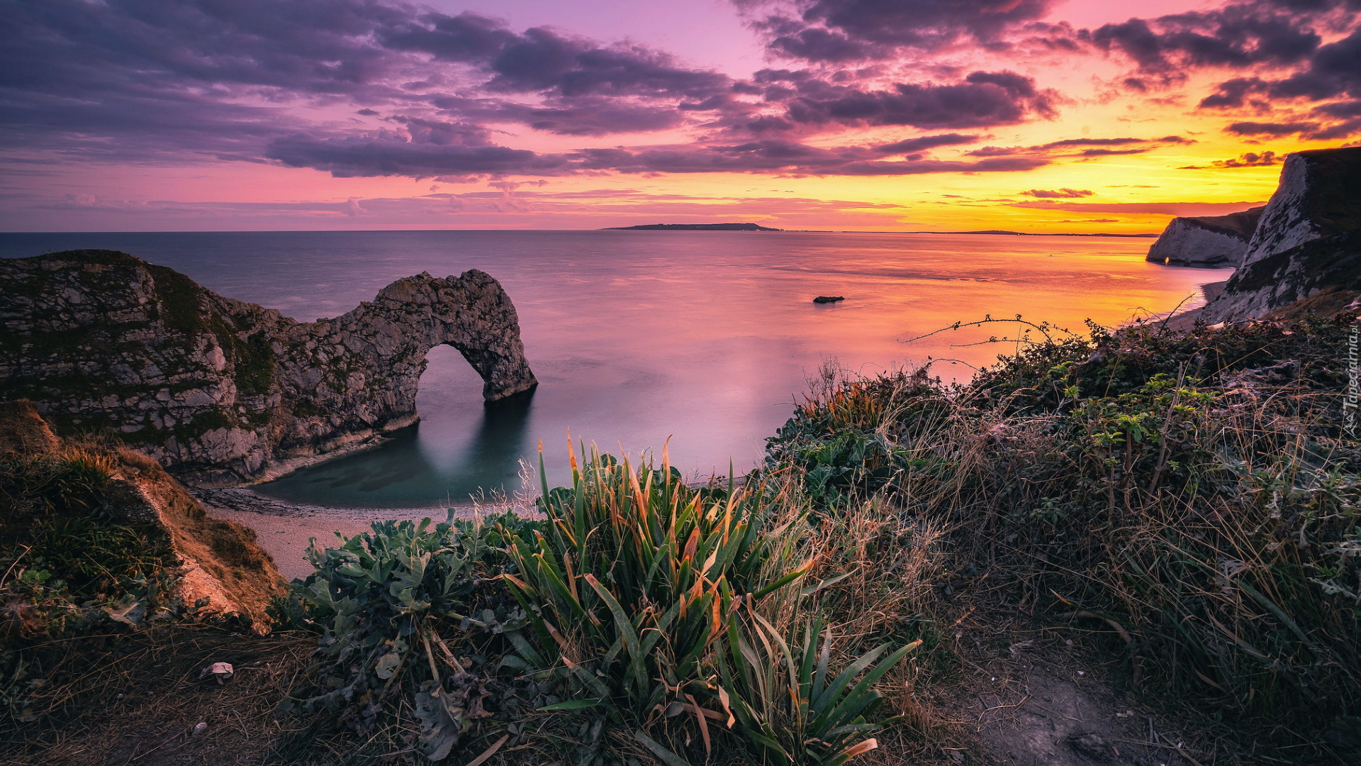 Morze, Wybrzeże Jurajskie, Skały, Durdle Door, Zachód słońca, Anglia