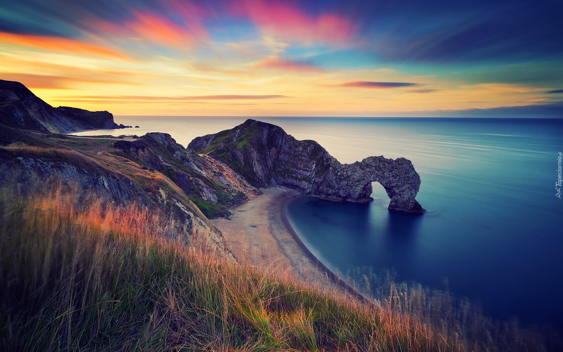 Anglia, Morze, Wybrzeże Jurajskie, Łuk wapienny Durdle Door, Zachód słońca, Skały, Plaża