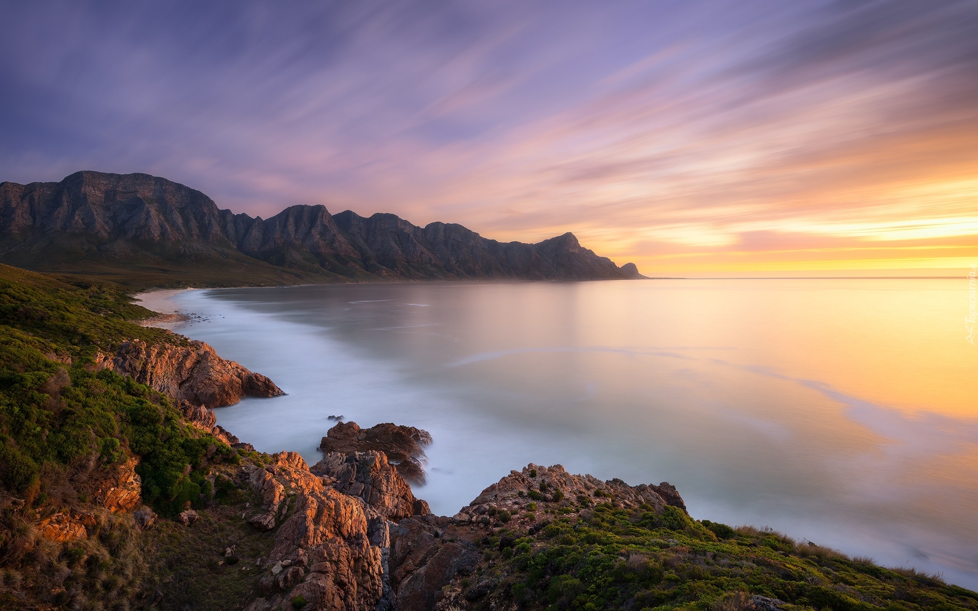 Afryka, Republika Południowej Afryki, Kapsztad, Morze, Kogel Bay Beach, Góry, Wybrzeże, Roślinność, Zachód słońca