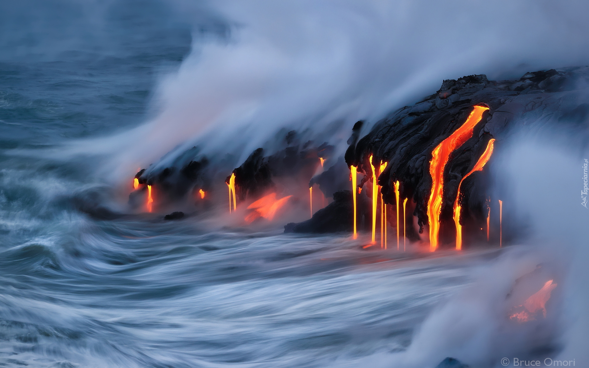 Wulkan Kīlauea, Kamokuna, Lawa, Ogień, Dym, Ocean, Fale, Park Narodowy Wulkany Hawai, Hawaje, Stany Zjednoczone