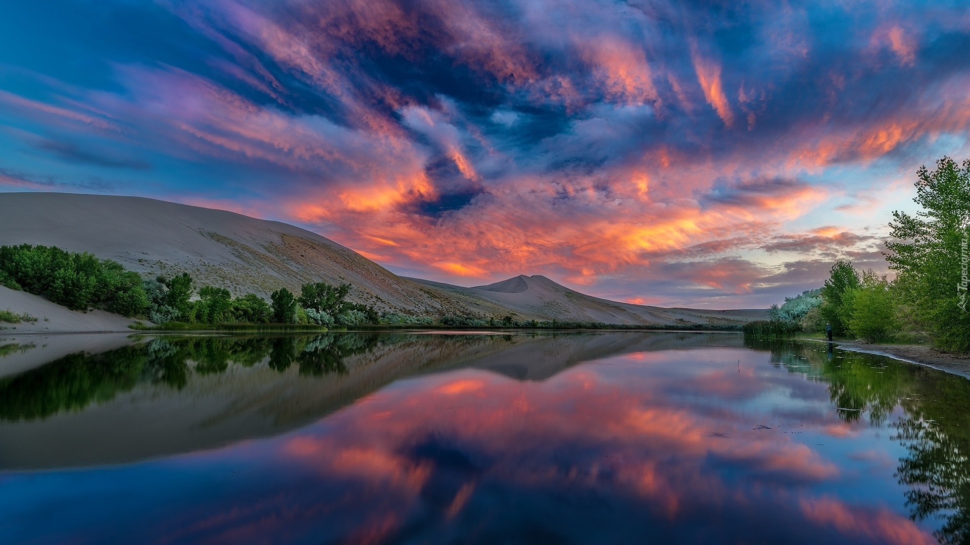 Bruneau Dunes, Wydmy, Jezioro, Drzewa, Kolorowe, Niebo, Odbicie, Zachód słońca, Idaho, Stany Zjednoczone