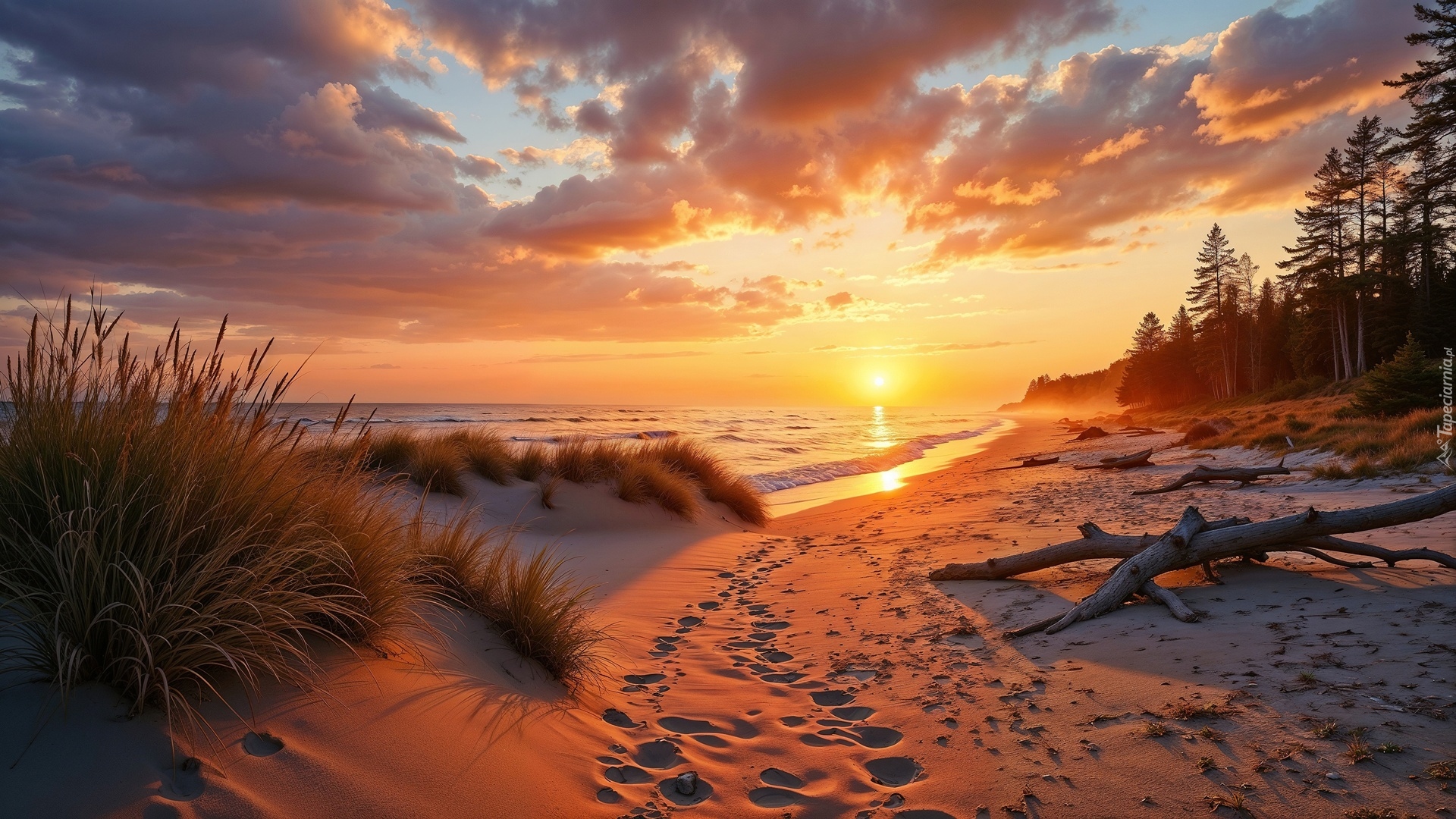 Plaża, Wydmy, Morze, Zachód słońca, Grafika AI