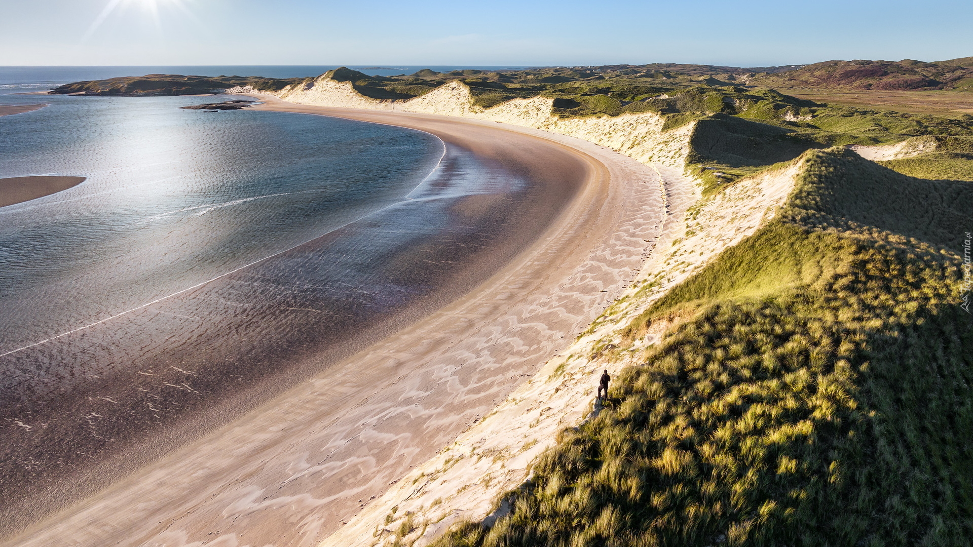 Morze, Plaża, Zatoka, Sheskinmore Bay, Wydmy, Wzgórza, Trawa, Ardara, Hrabstwo Donegal, Irlandia