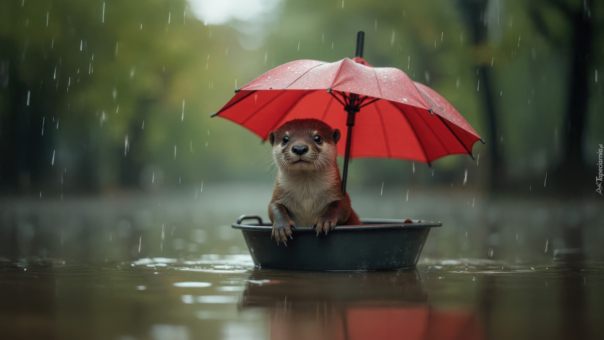 Wydra, Parasol, Deszcz, Rzeka, Miska