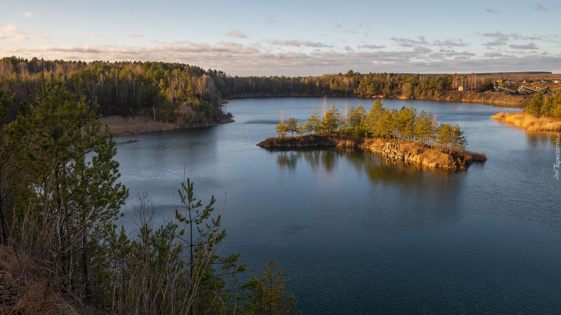 Jezioro, Rozświetlona, Wysepka, Drzewa