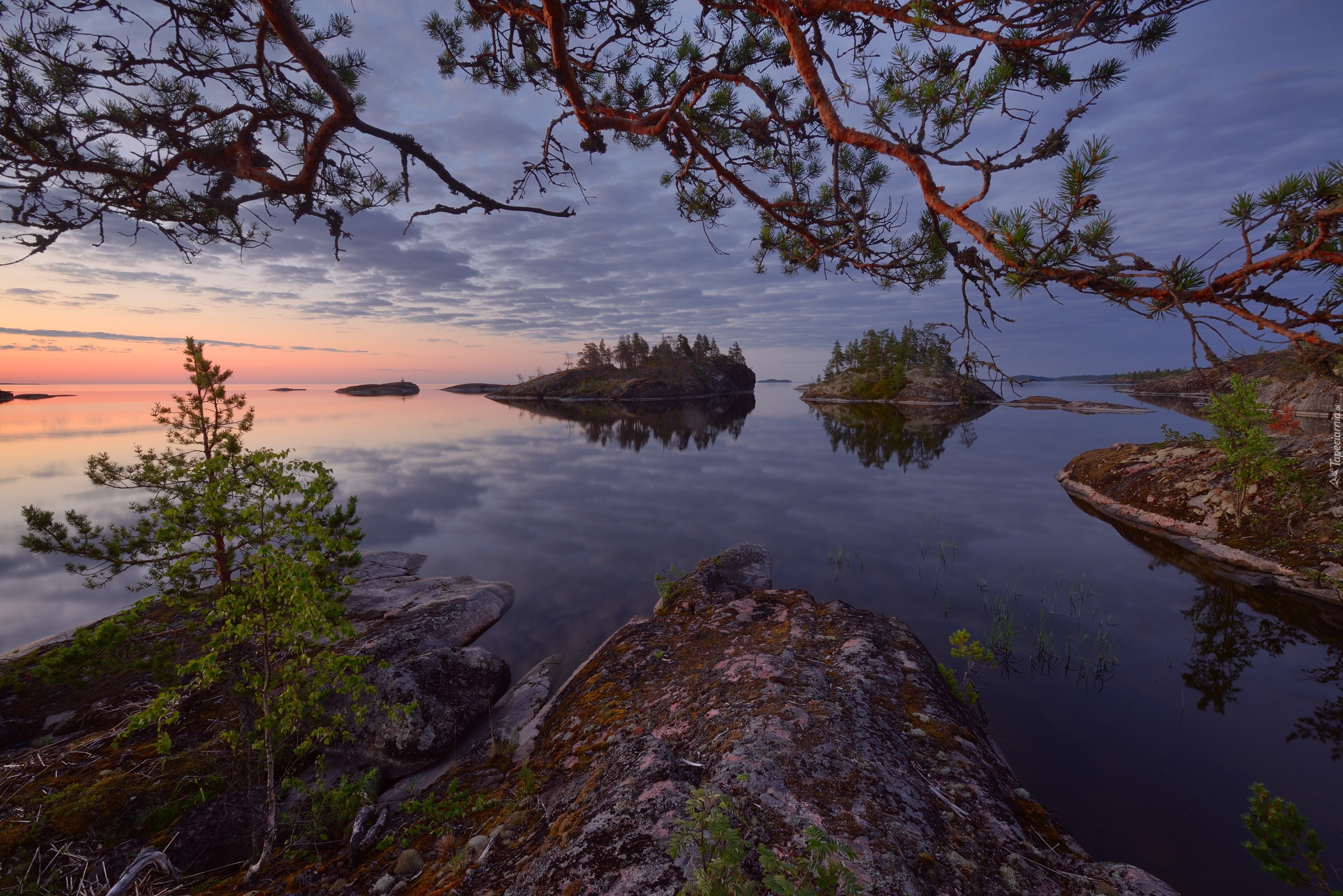 Jezioro Ładoga, Karelia, Rosja, Drzewa, Skały, Wysepki, Wschód słońca