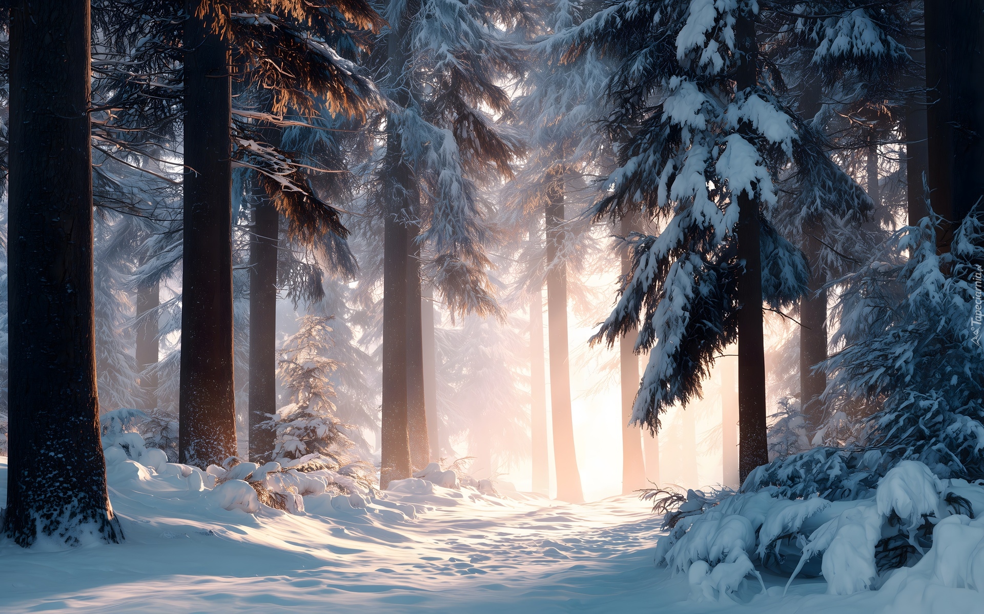 Zima, Drzewa, Droga, Las, Grafika AI