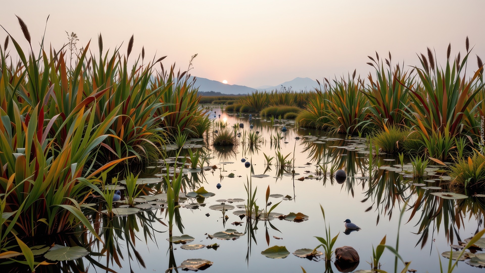 Rzeka, Wysokie, Trawy, Góry, Wschód słońca