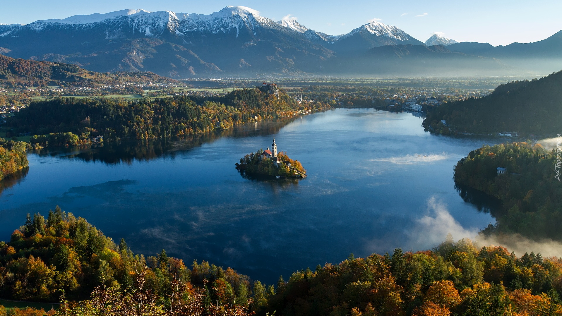 Wyspa Blejski Otok, Góry, Alpy Julijskie, Jezioro Bled, Lasy, Drzewa, Słowenia