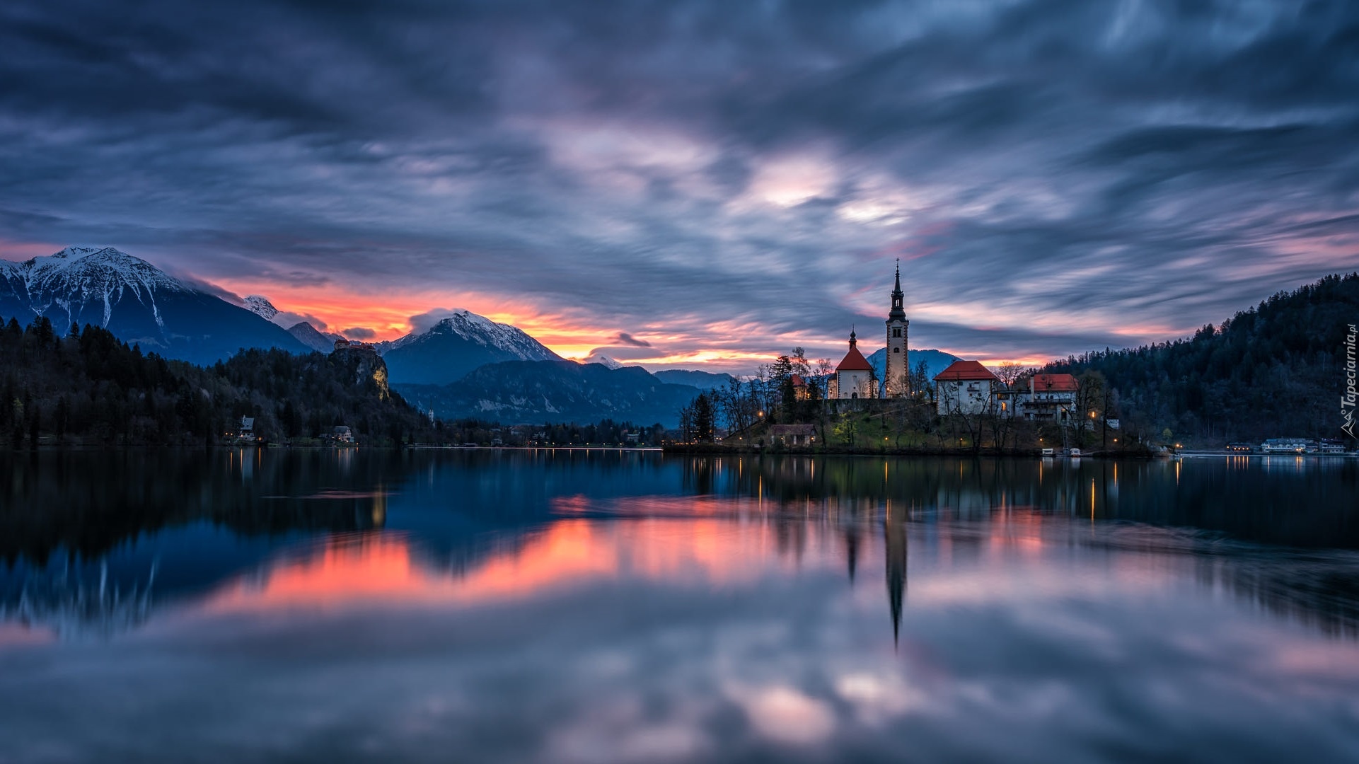 Słowenia, Góry, Wyspa Blejski Otok, Jezioro Bled, Kościół Wniebowzięcia Marii Panny, Chmury, Odbicie