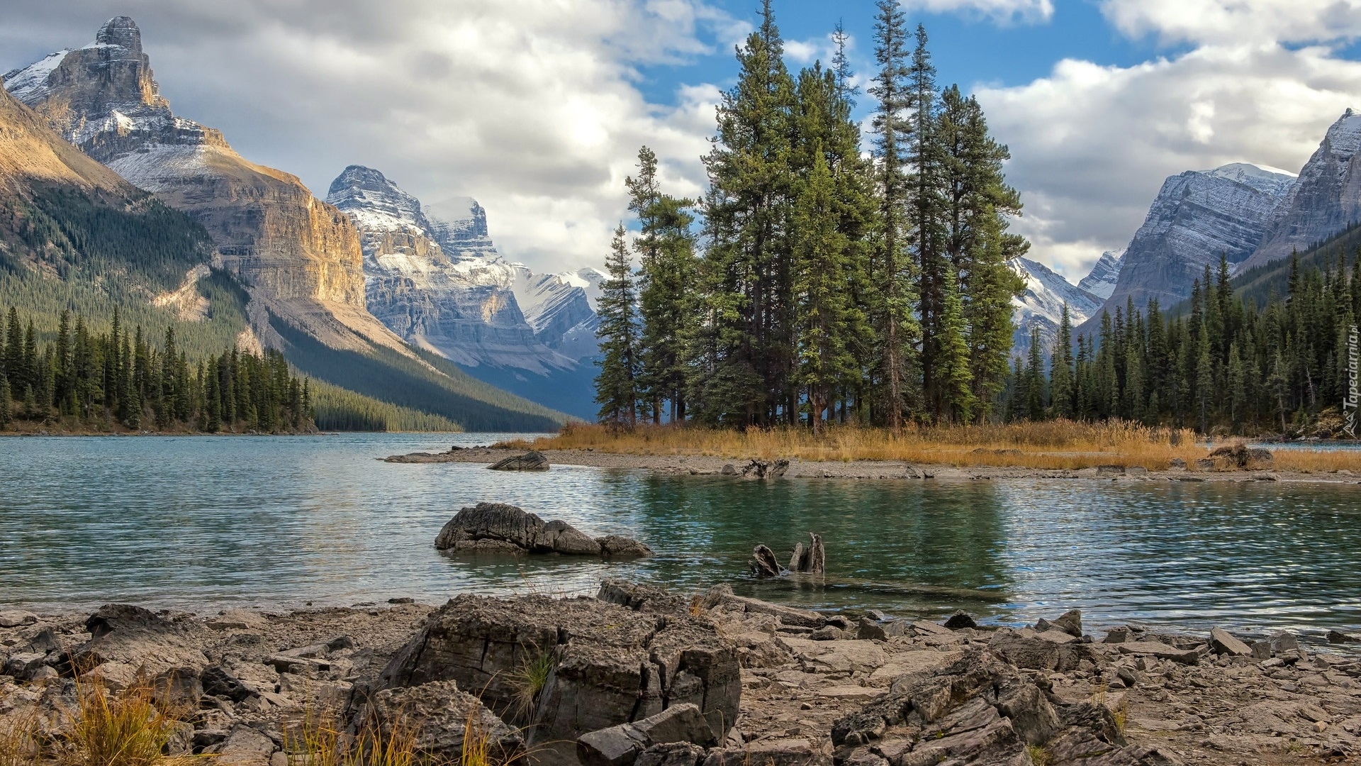 Góry, Jezioro, Maligne Lake, Drzewa, Skały, Park Narodowy Jasper, Alberta, Kanada