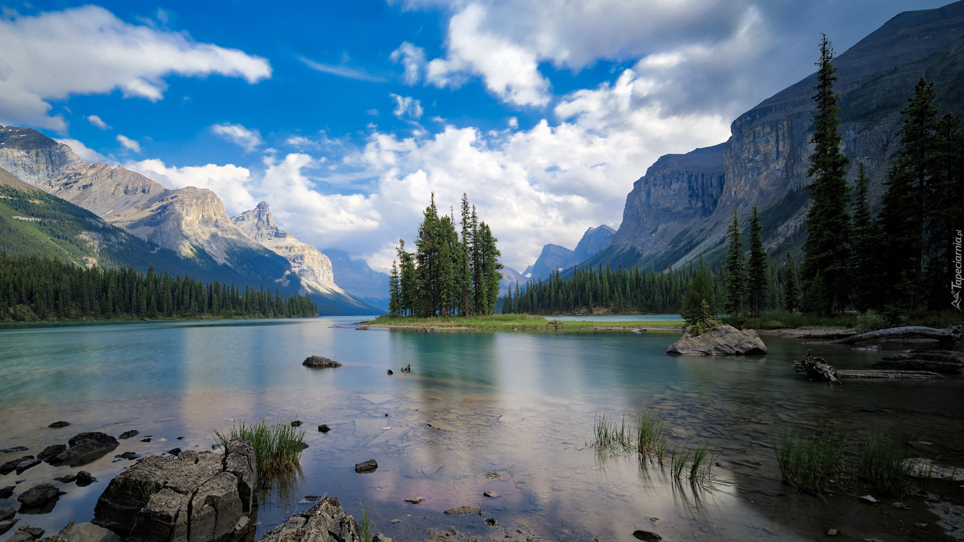 Góry, Jezioro, Maligne Lake, Drzewa, Kamienie, Brzeg, Park Narodowy Jasper, Kanada