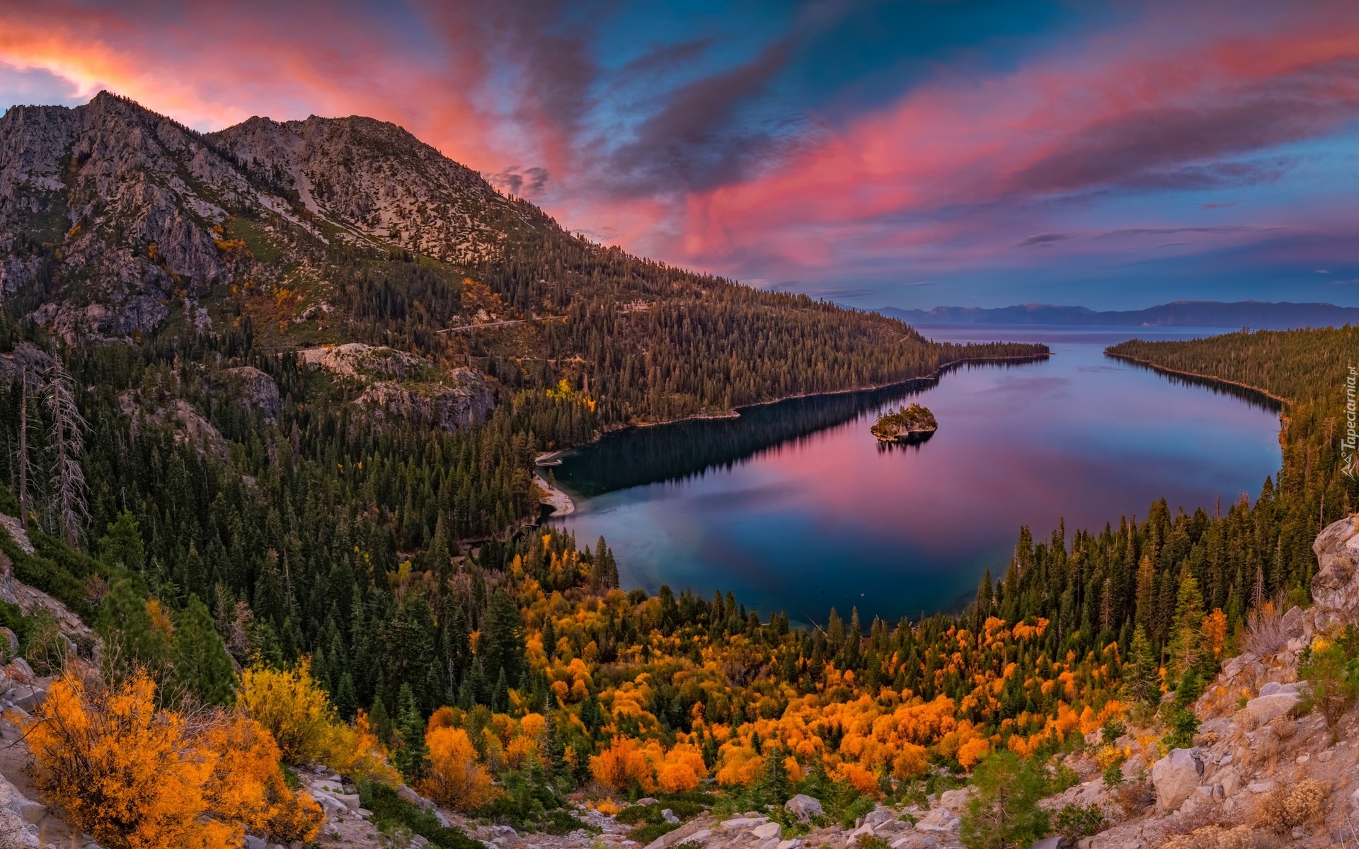 Jezioro, Tahoe Lake, Wyspa Fannette, Góry, Park Emerald Bay, Lasy, Drzewa, Chmury, Kalifornia, Stany Zjednoczone