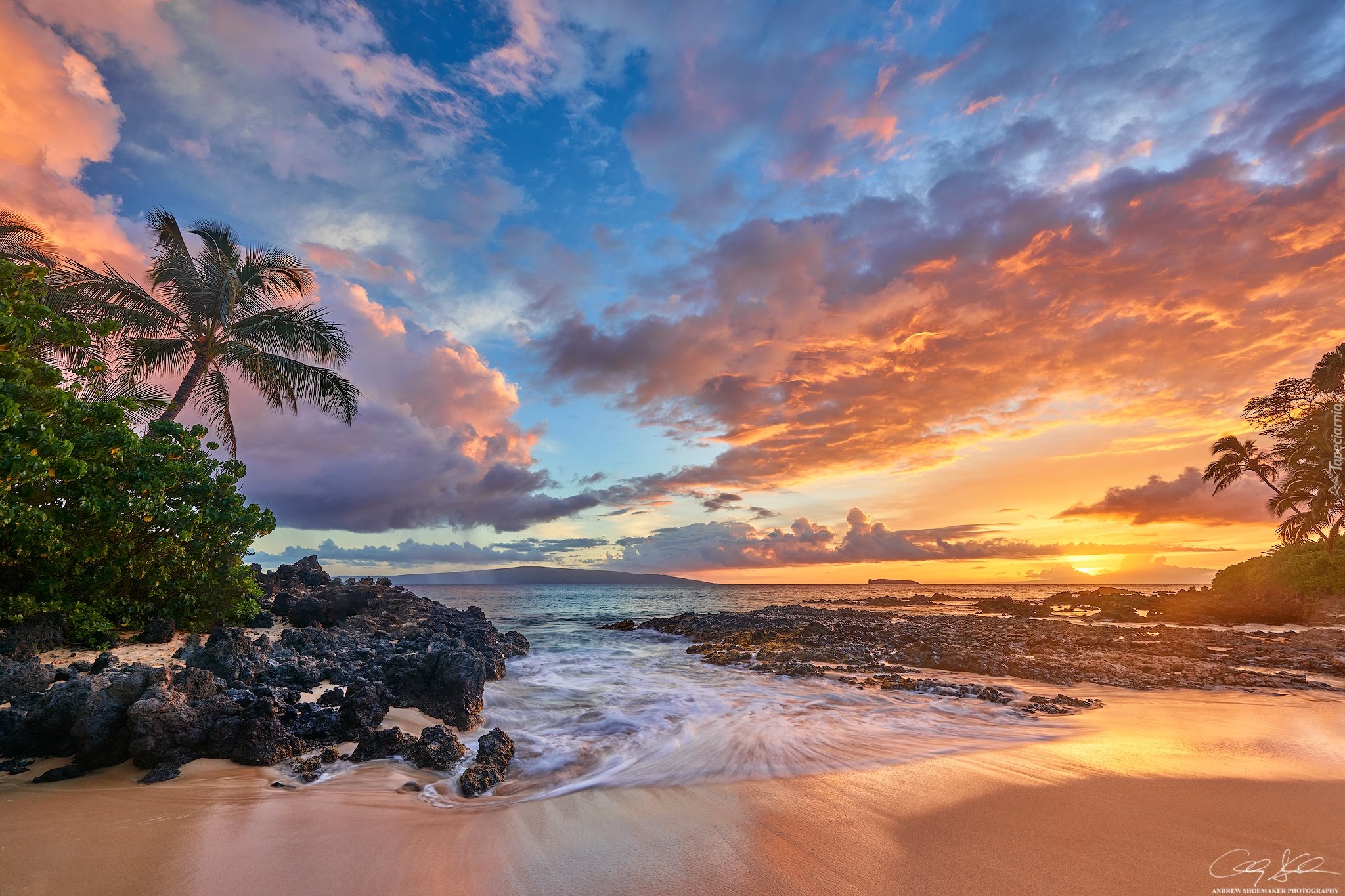 Hawaje, Wyspa Maui, Morze, Zachód słońca, Palmy, Plaża