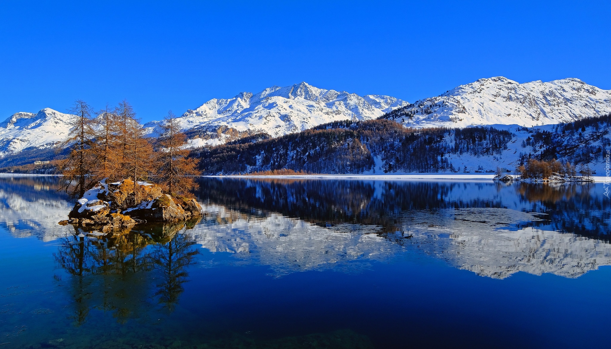 Jezioro Bergsee, Szwajcaria, Zima, Góry, Wyspa, Drzewa, Odbicie
