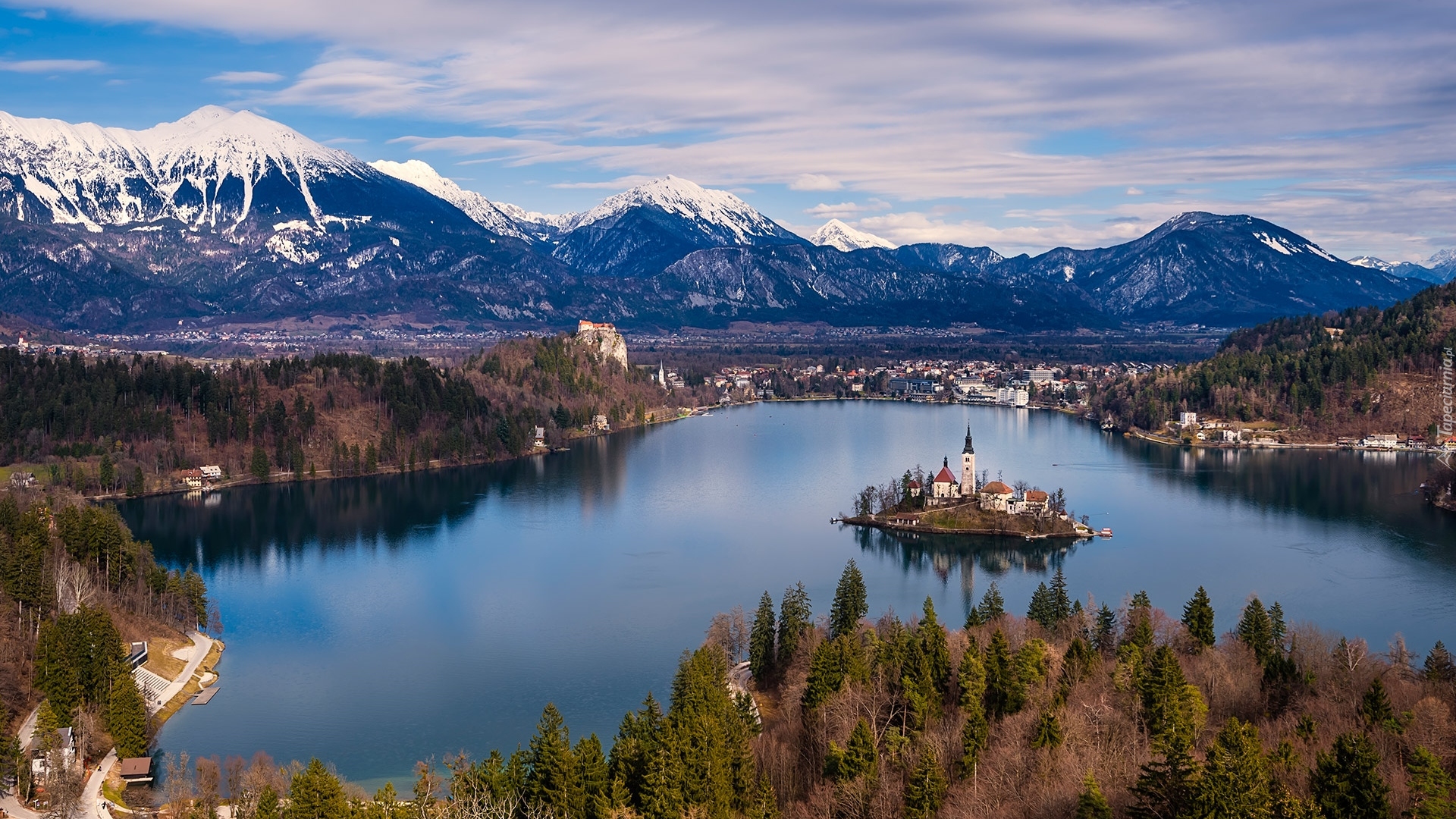 Słowenia, Wyspa Blejski Otok, Jezioro Bled, Kościół Wniebowzięcia Marii Panny, Góry, Drzewa, Chmury