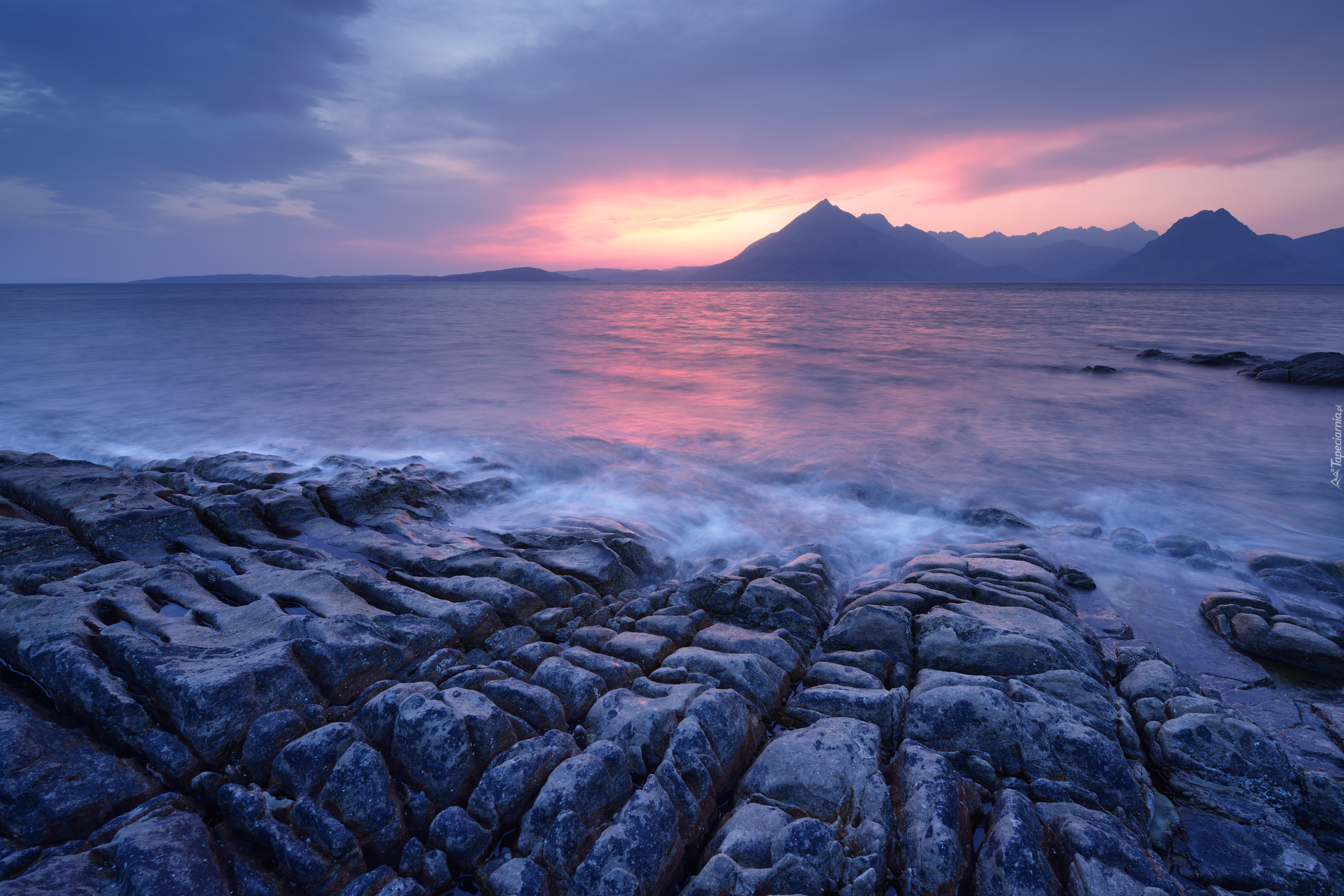 Morze, Skały, Zachód słońca, Wyspa Skye, Wieś Elgol, Szkocja