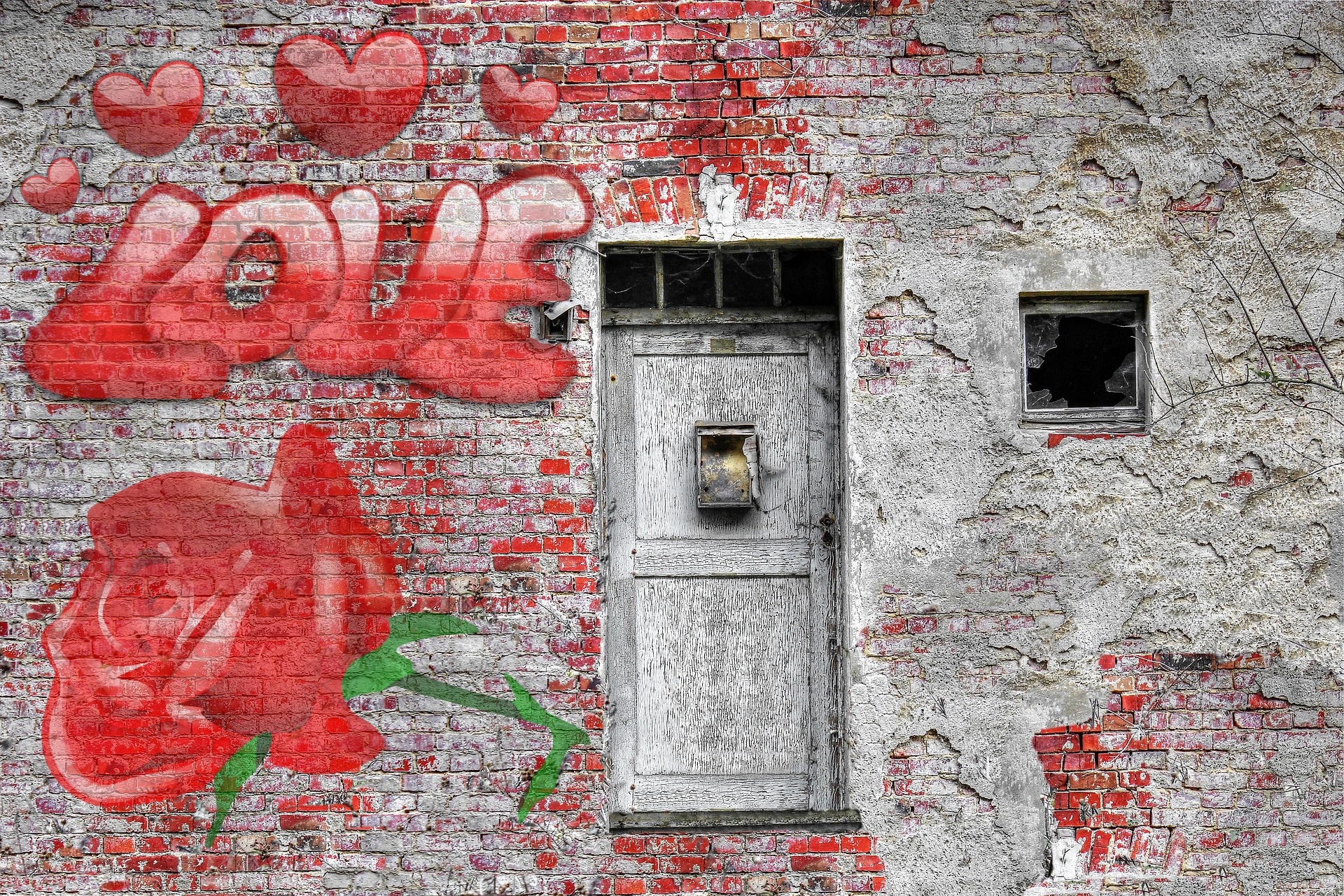 Zniszczona, Ściana, Mur, Cegły, Drzwi, Okienko, Róża, Napis, Love, Serca, Miłosne, Street art