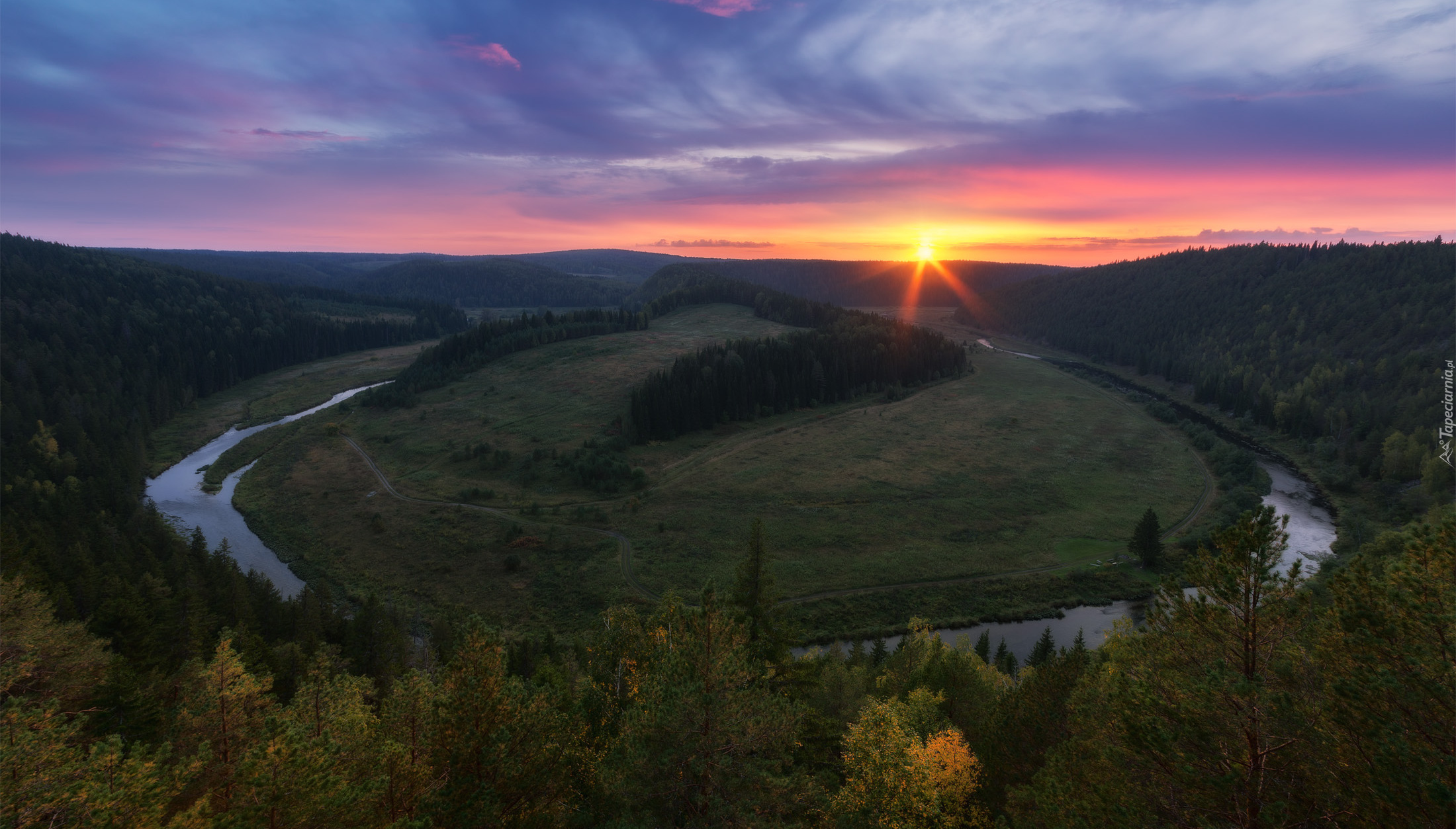 Wzgórza, Zakole, Meander, Rzeka, Drzewa, Zachód słońca