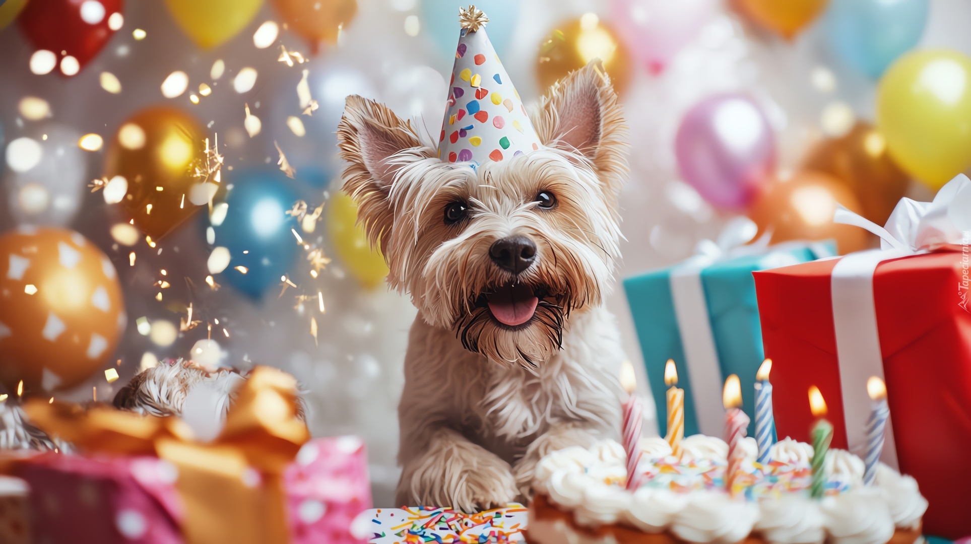 Pies, Yorkshire terrier, Czapeczka, Balony, Tort, Świeczki, Prezenty, Urodziny