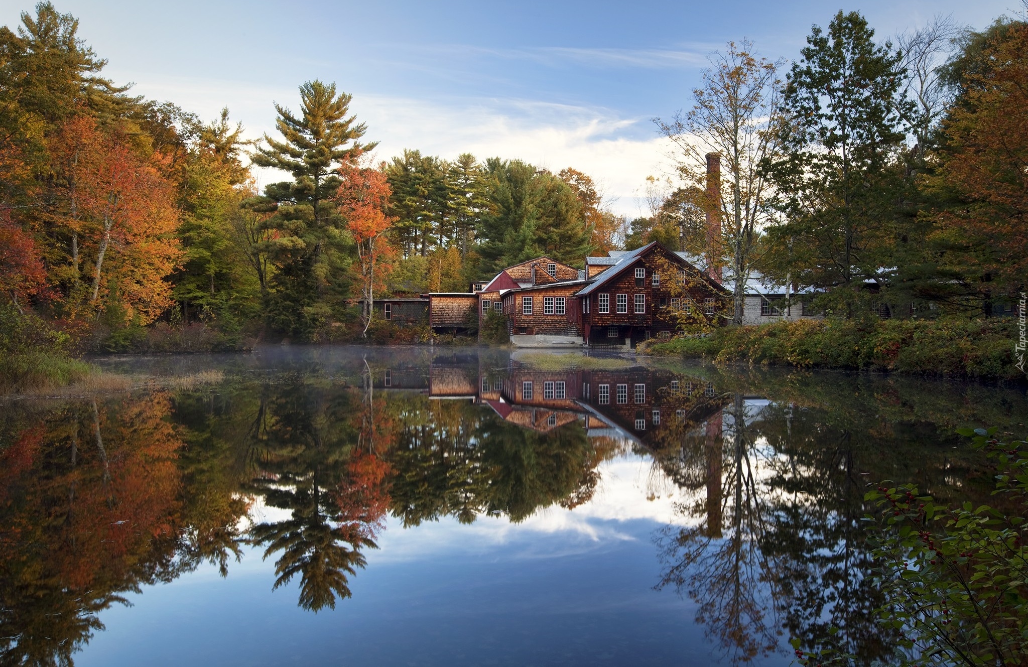 Stany Zjednoczone, Stan New Hampshire, Wilton, Staw, Drzewa, Domy, Młyn Fryes Measure Mill, Odbicie