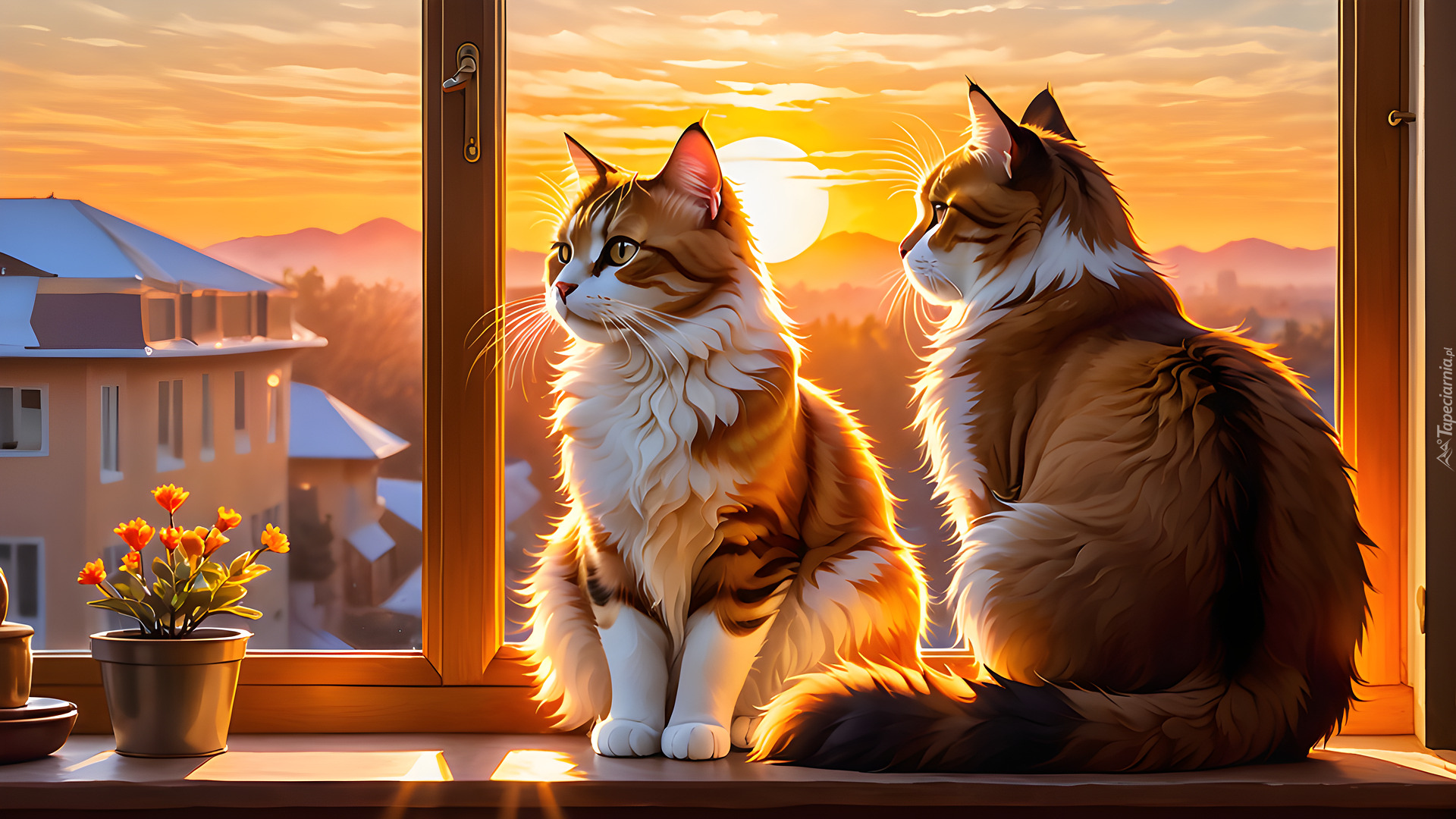 Dwa, Koty, Okno, Zachód słońca, 2D