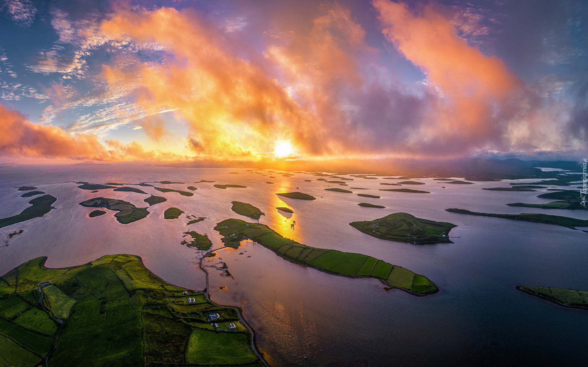 Morze, Niebo, Zachód słońca, Wysepki, Zatoka, Clew Bay, Hrabstwo Mayo, Irlandia