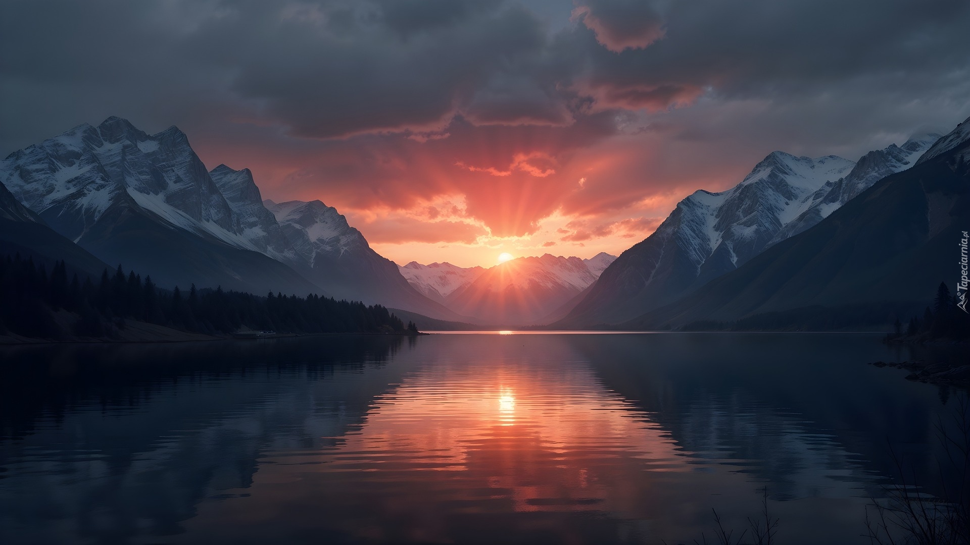 Góry, Jezioro, Zachmurzone, Niebo, Zachód słońca