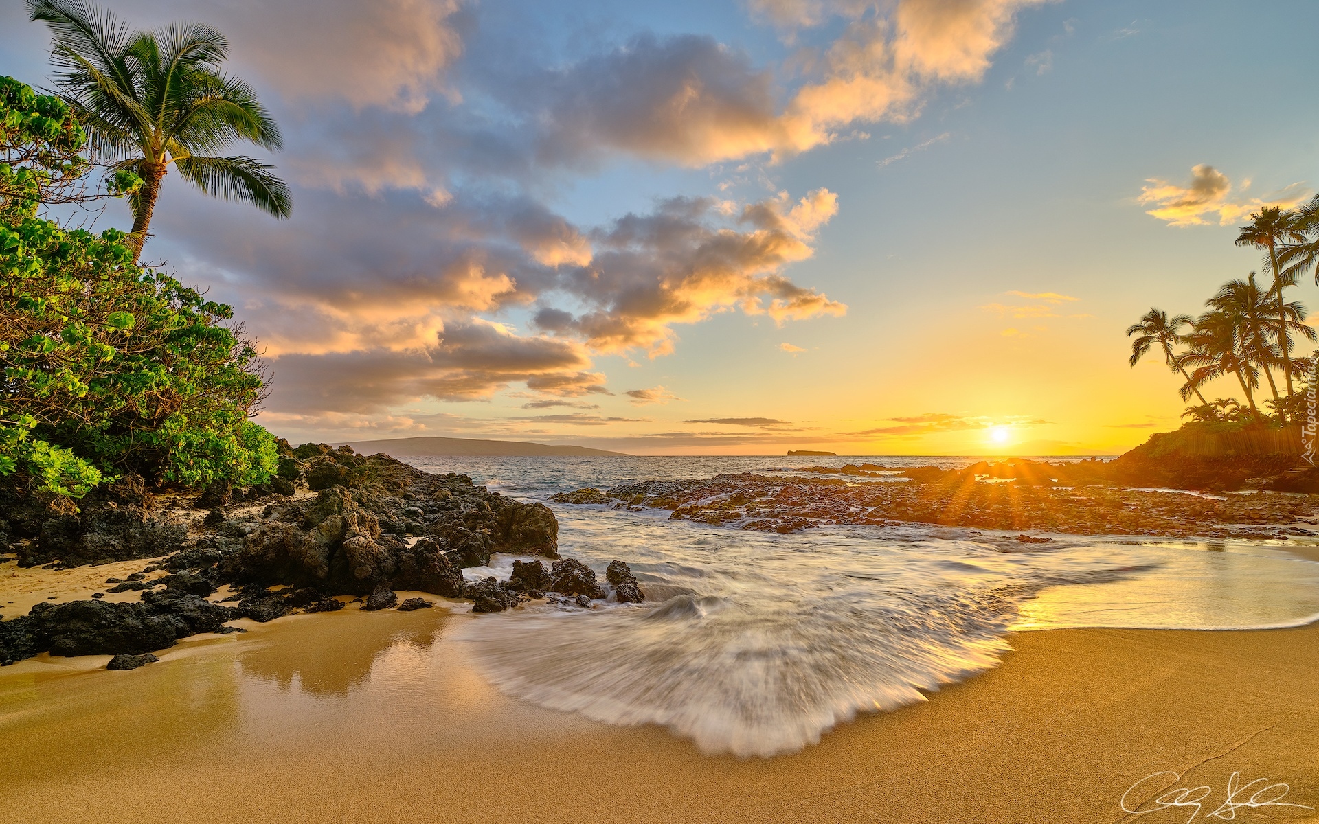 Stany Zjednoczone, Hawaje, Maui, Lahaina, Morze, Plaża, Palmy, Zachód słońca, Skały