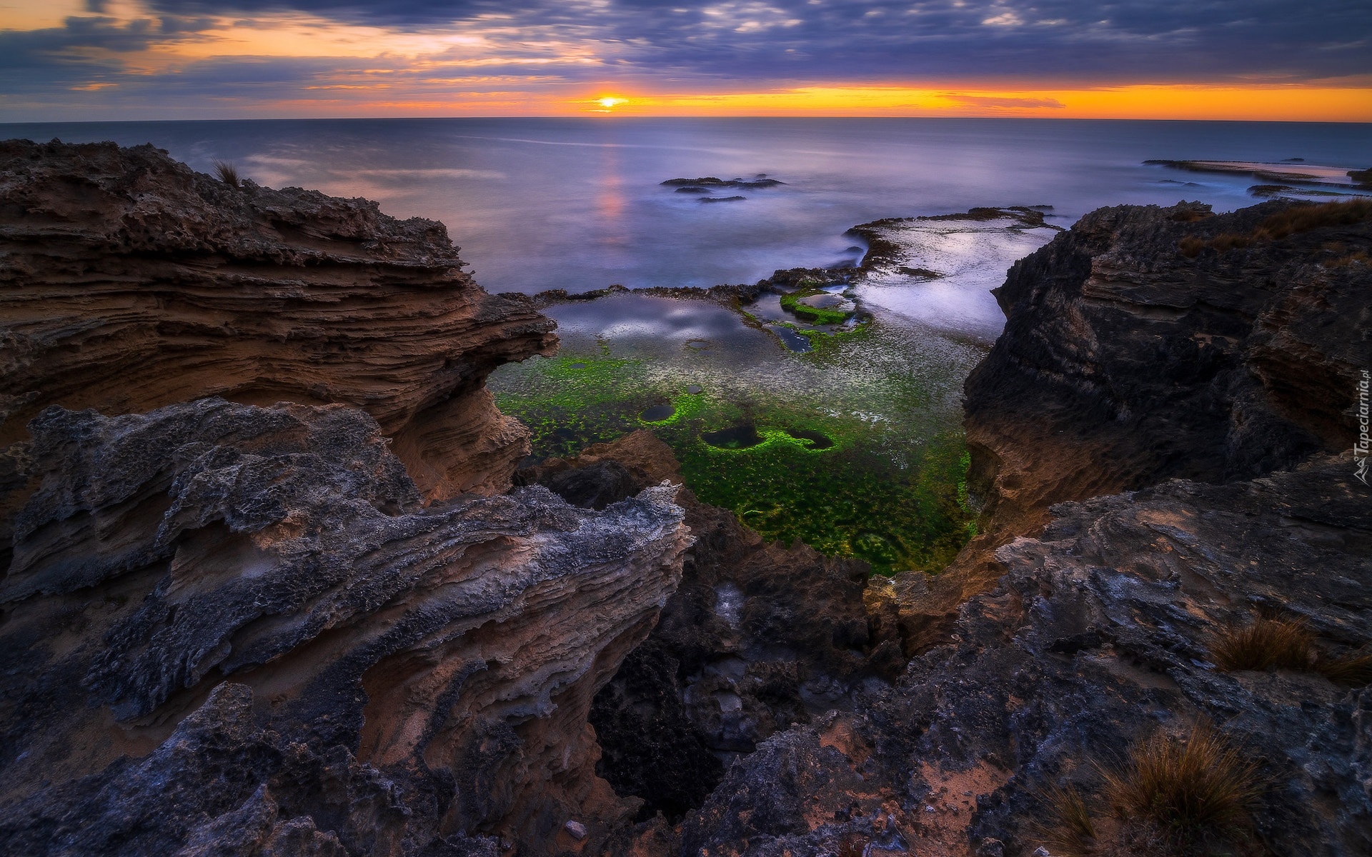 Australia, Cape Douglas, Morze, Skały, Zachód słońca, Wybrzeże