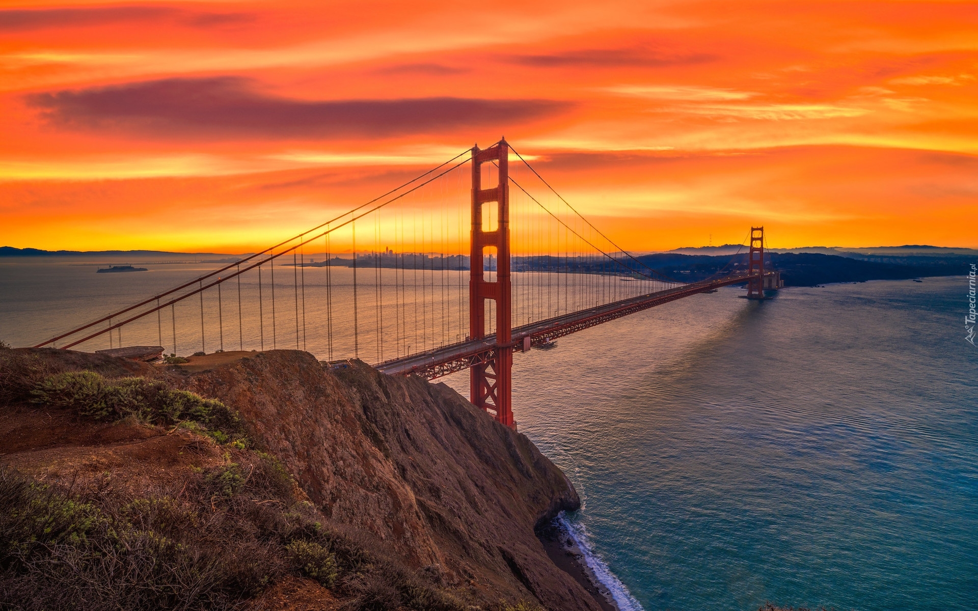 Stany Zjednoczone, Stan Kalifornia, Most Golden Gate Bridge, Cieśnina Golden Gate, Zachód słońca, San Francisco