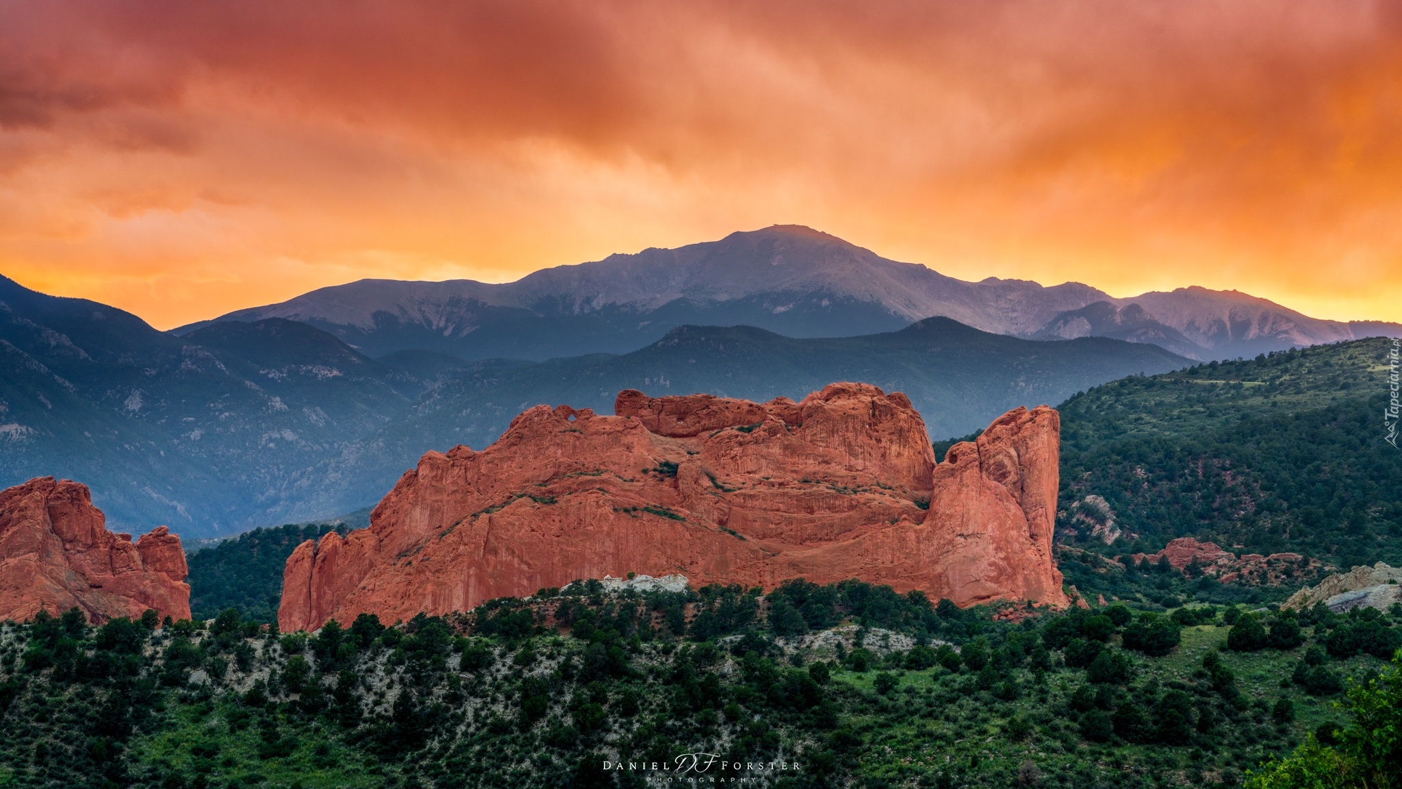 Stany Zjednoczone, Kolorado, Góry, Skały, Garden of the Gods, Zachód słońca, Roślinność