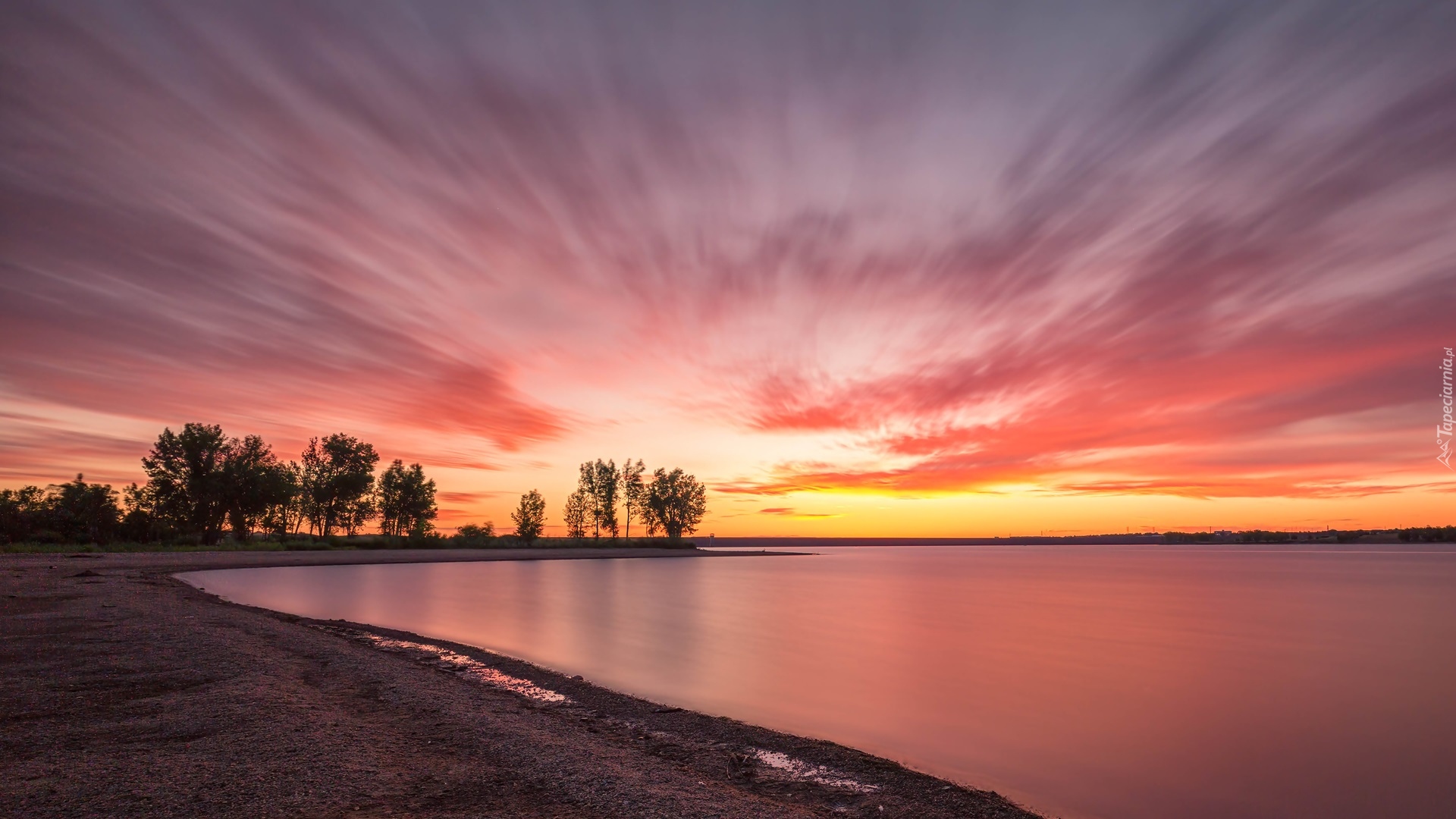 Jezioro, Chatfield Lake, Drzewa, Zachód słońca, Kolorado, Stany Zjednoczone