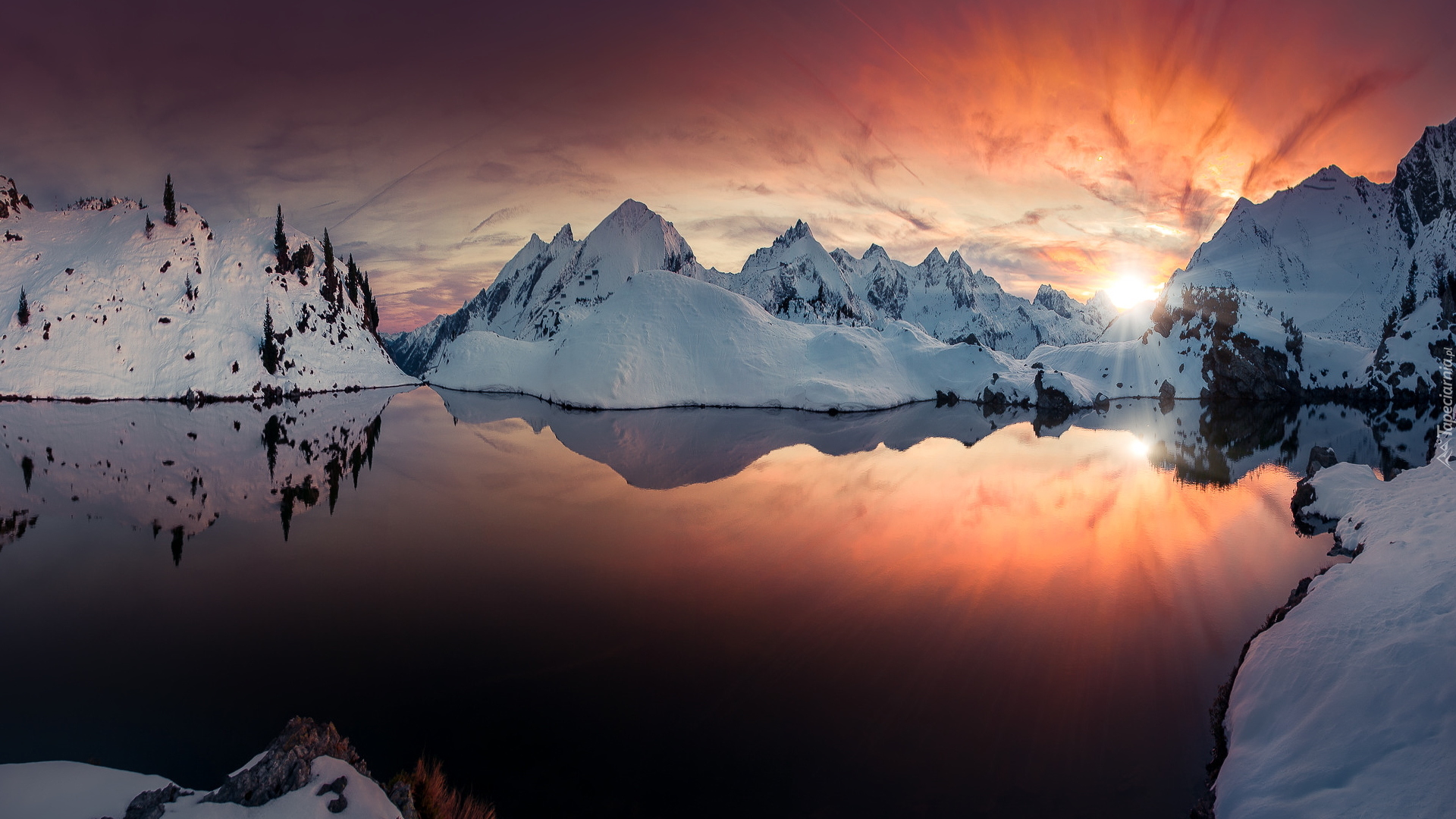 Zima, Góry, Zachód słońca, Jezioro Grunwaldsee, Obertauern, Austria